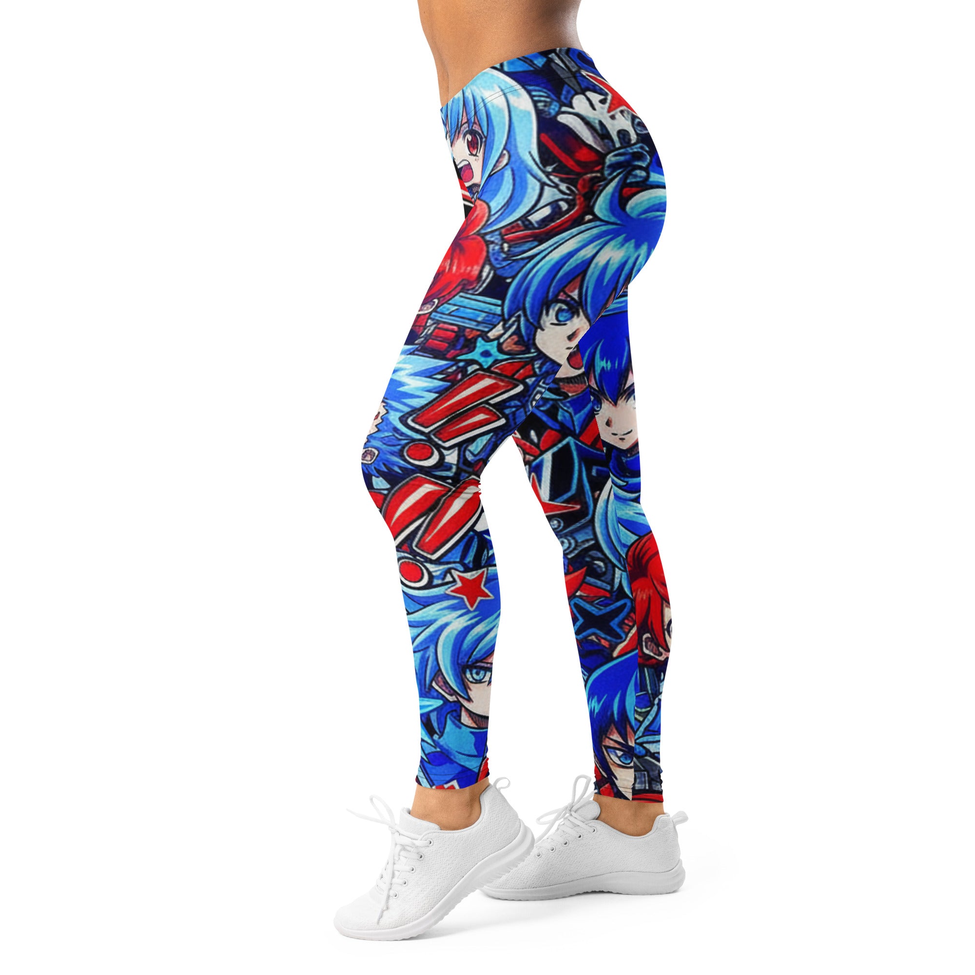 Women's anime collage mecha pilot printed leggings front view