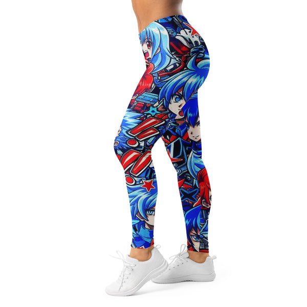 Women's anime collage mecha pilot printed leggings front view