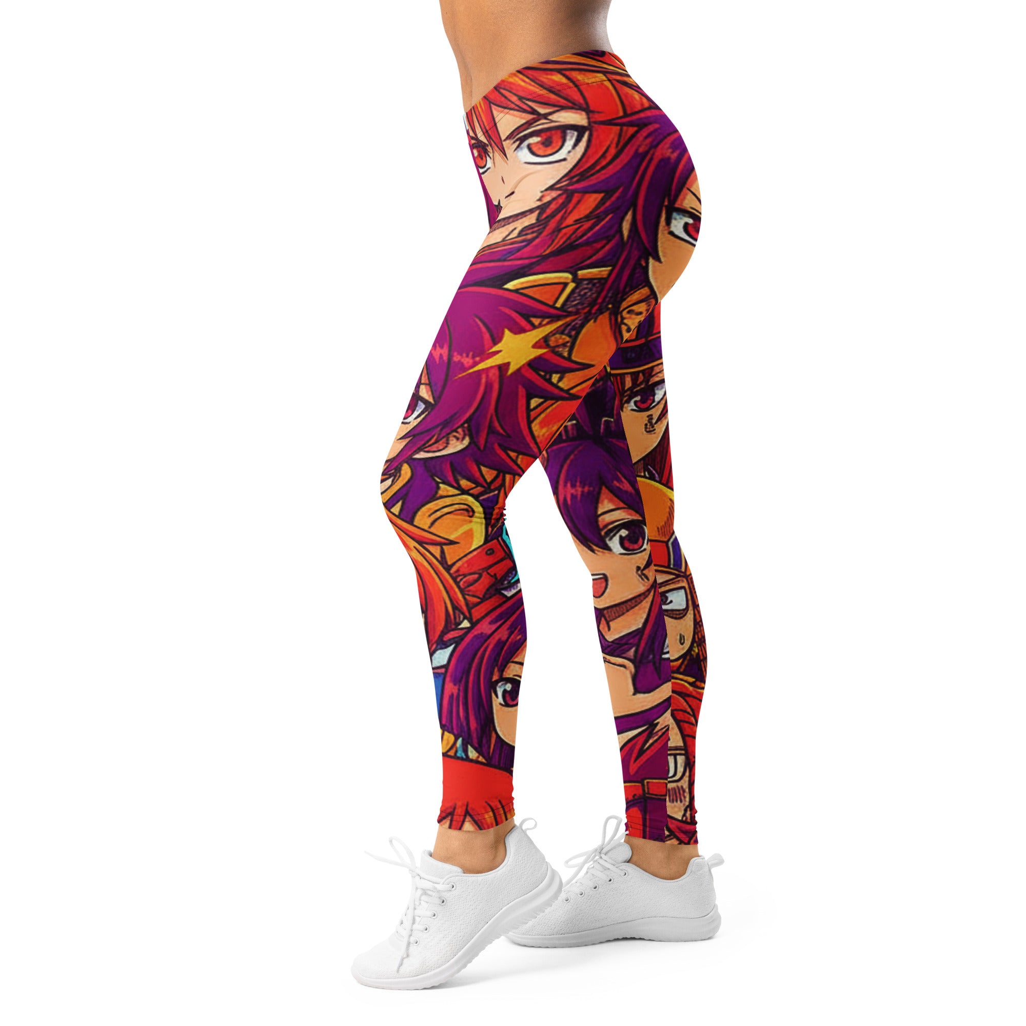 Women's anime collage sunset samurai printed leggings front view