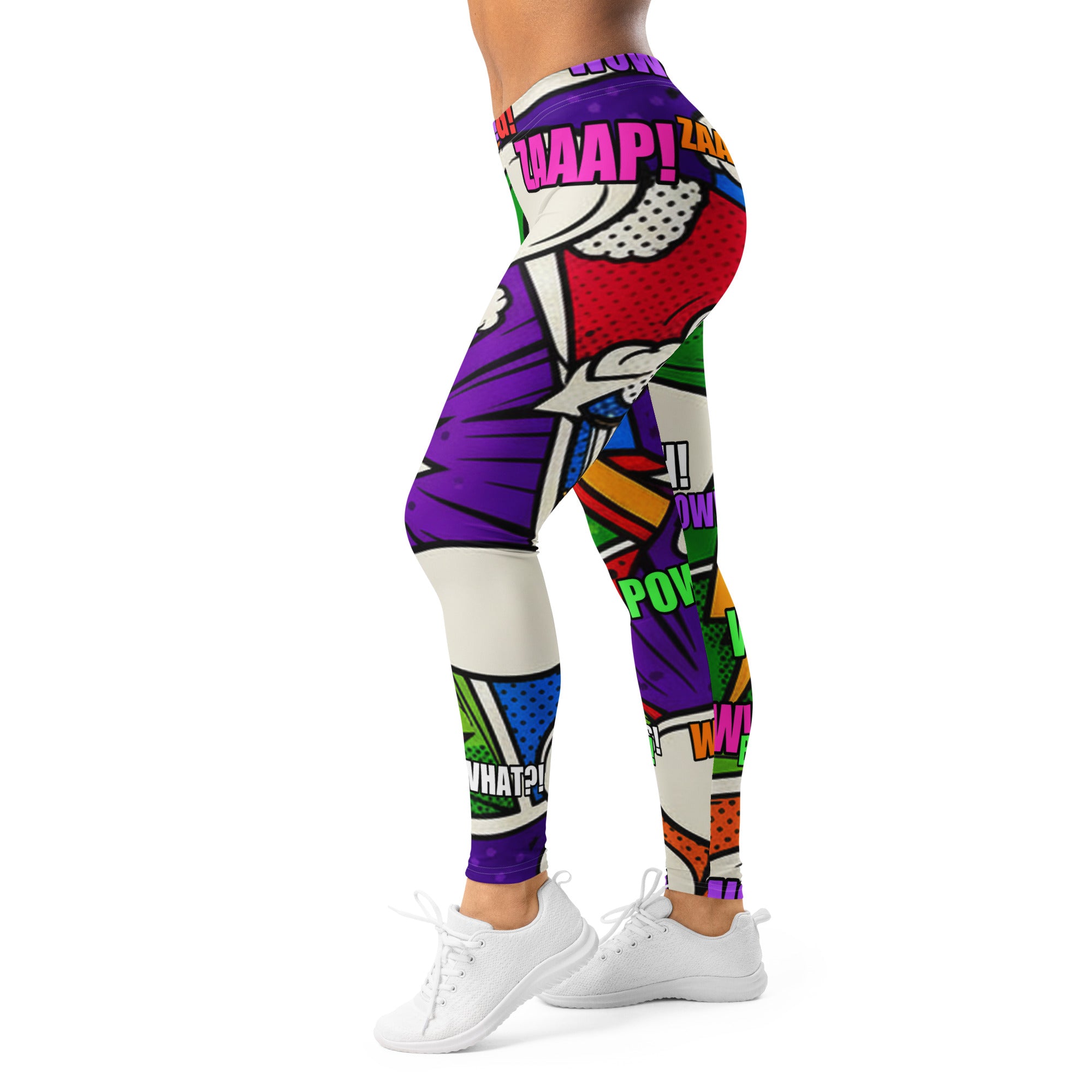 Women's comic strip monster mash printed leggings front view