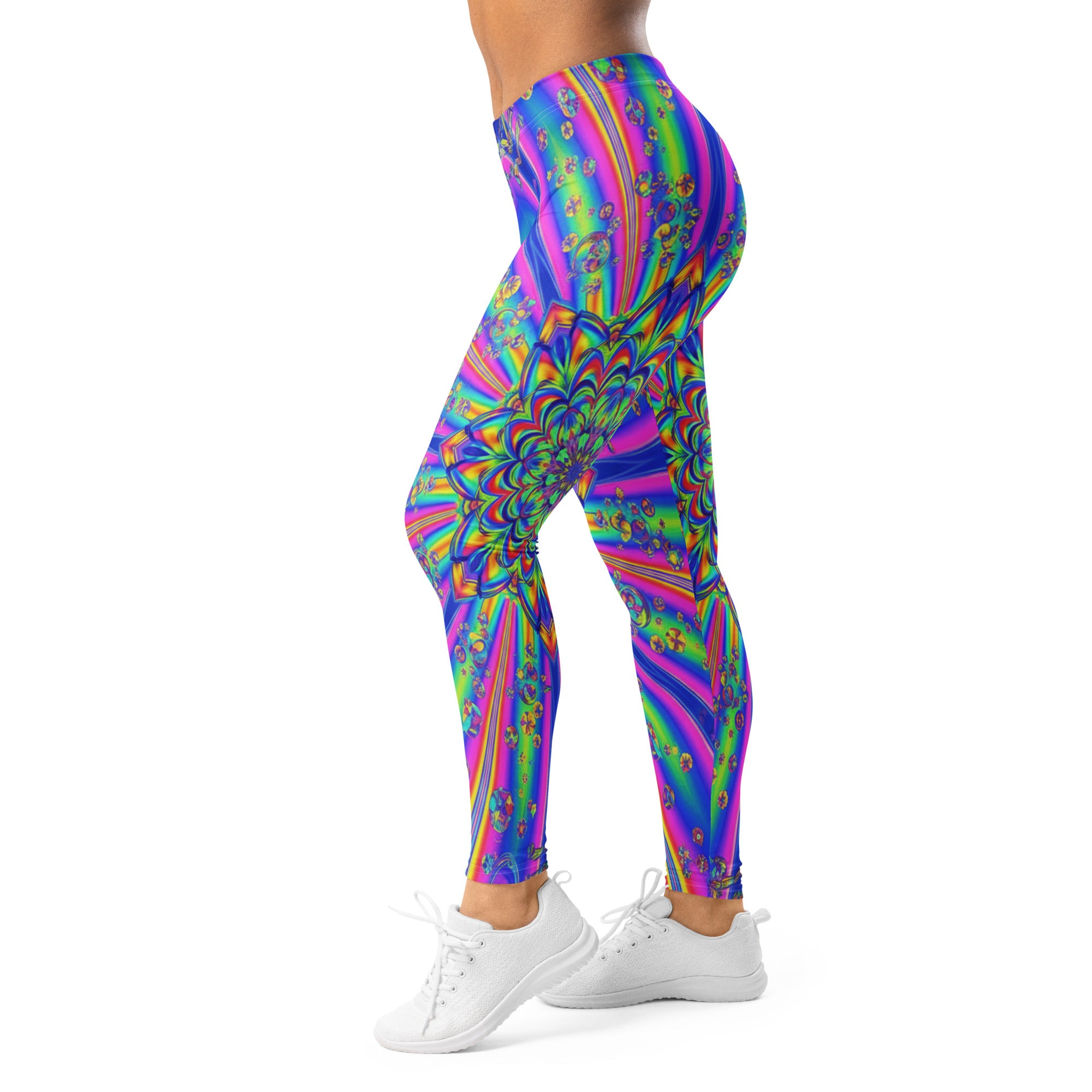 Women's psychedelic chrome spectrum leggings front view