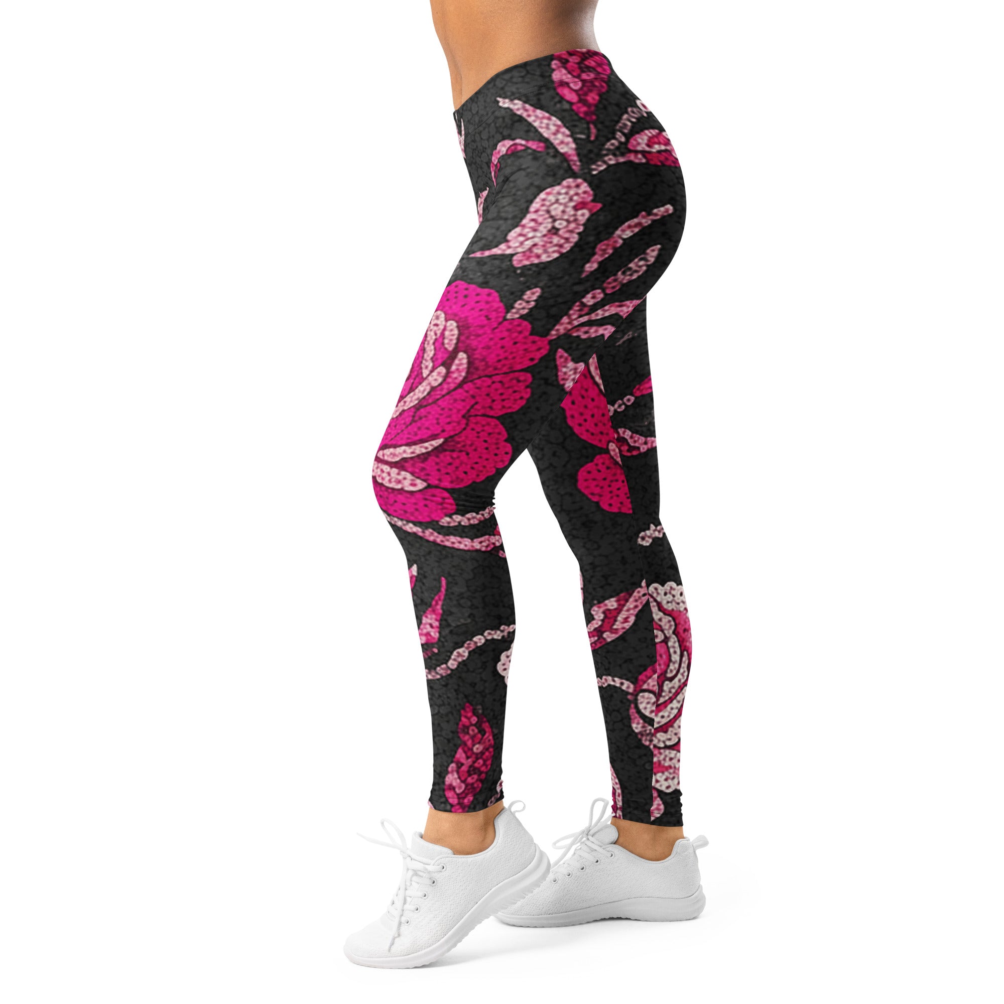 Women's pink paillette peony printed leggings front view