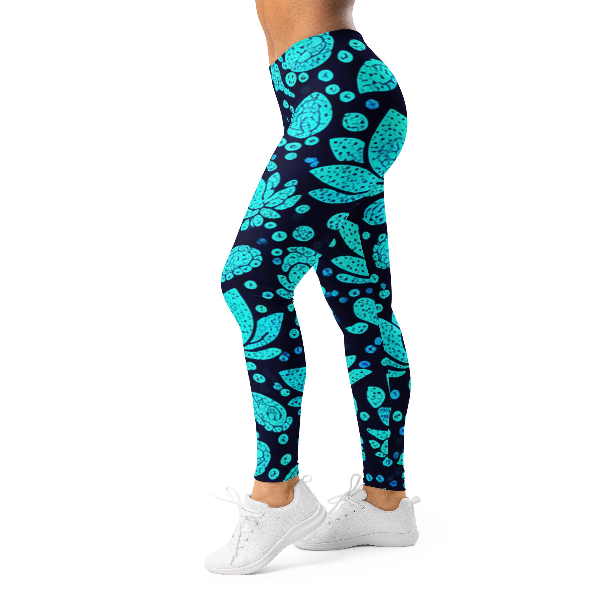 Women's teal paillette lotus leggings front view
