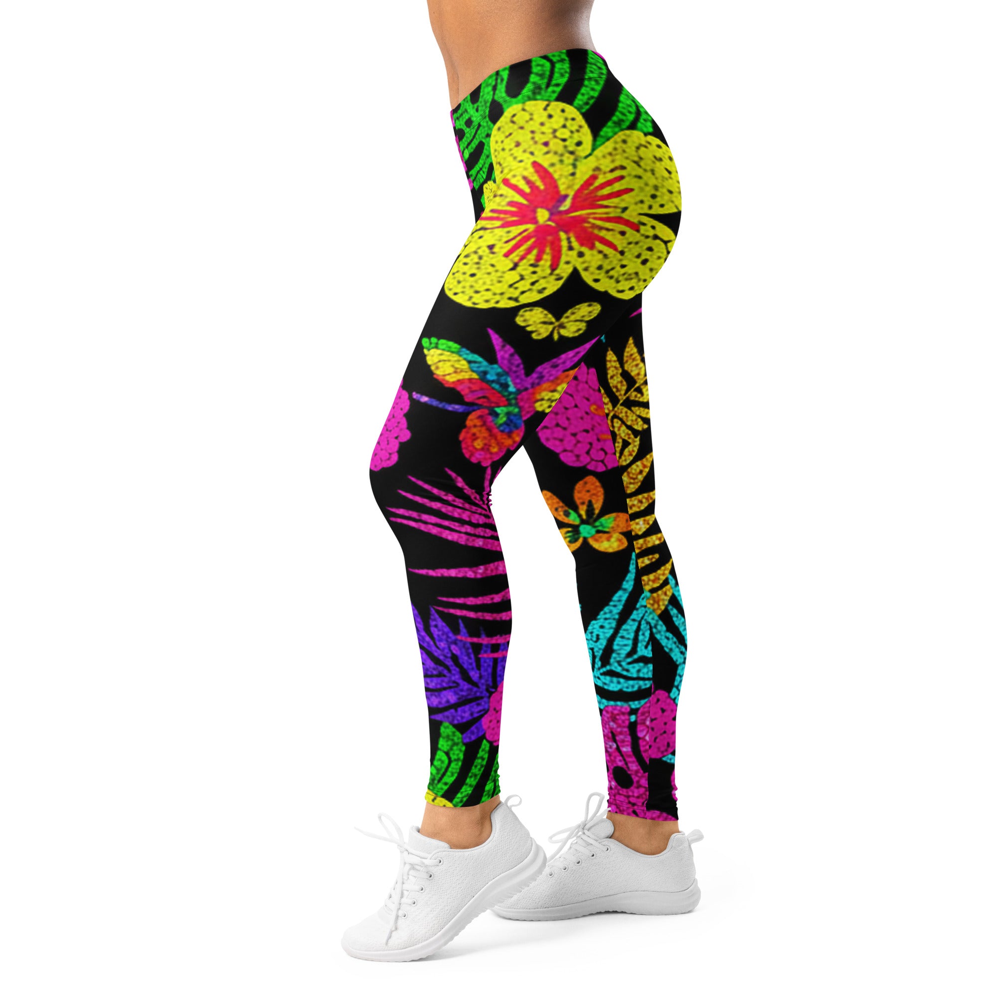 Women's rainbow tropical paillette printed leggings front view