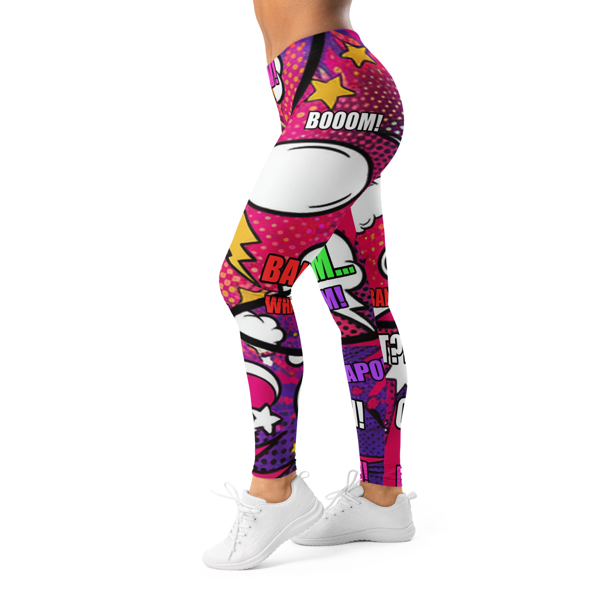 Women's comic strip girl power printed leggings front view