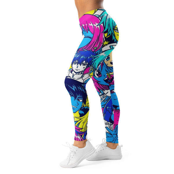 Women's anime collage neon tokyo printed leggings front view