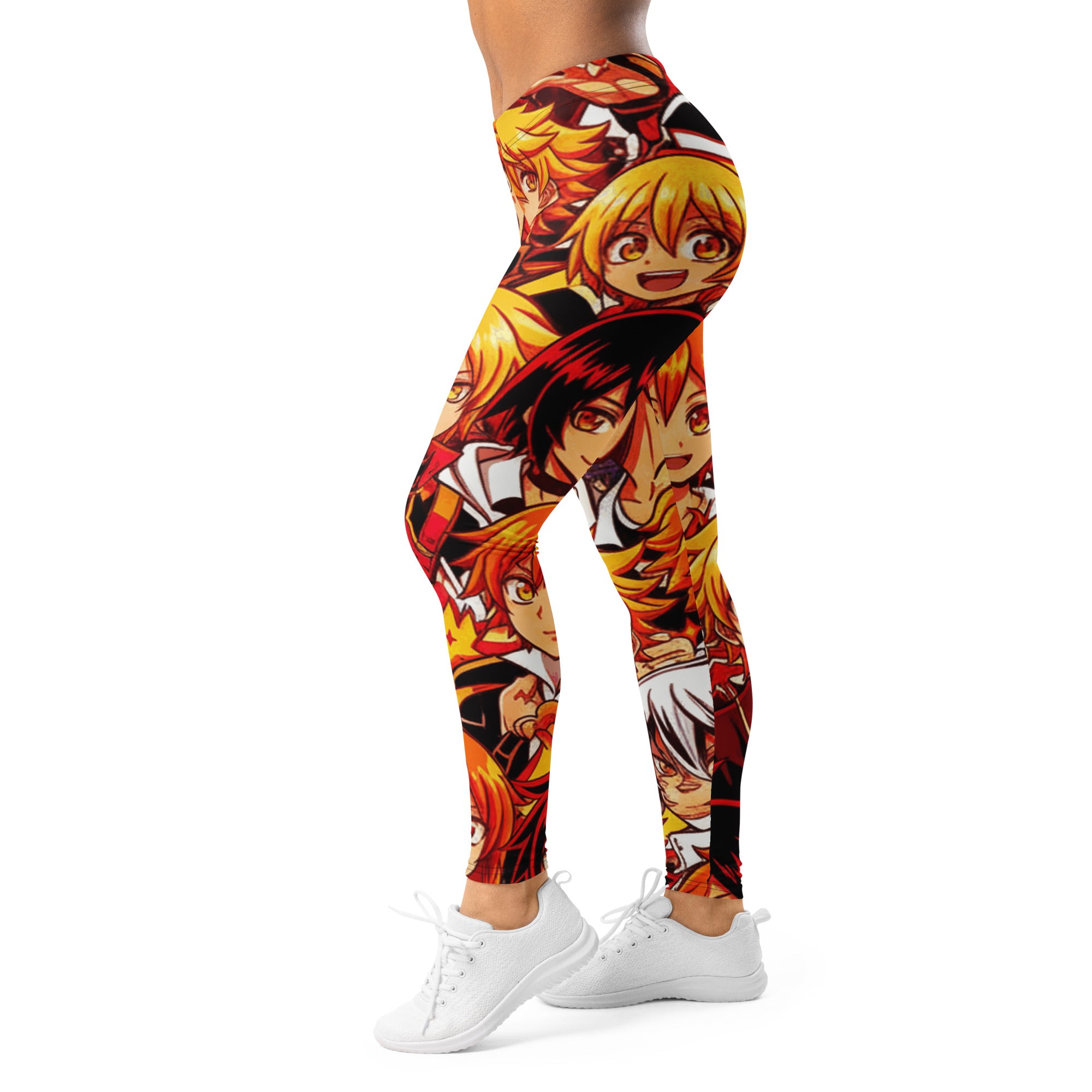 Women's anime collage fire spirit printed leggings front view
