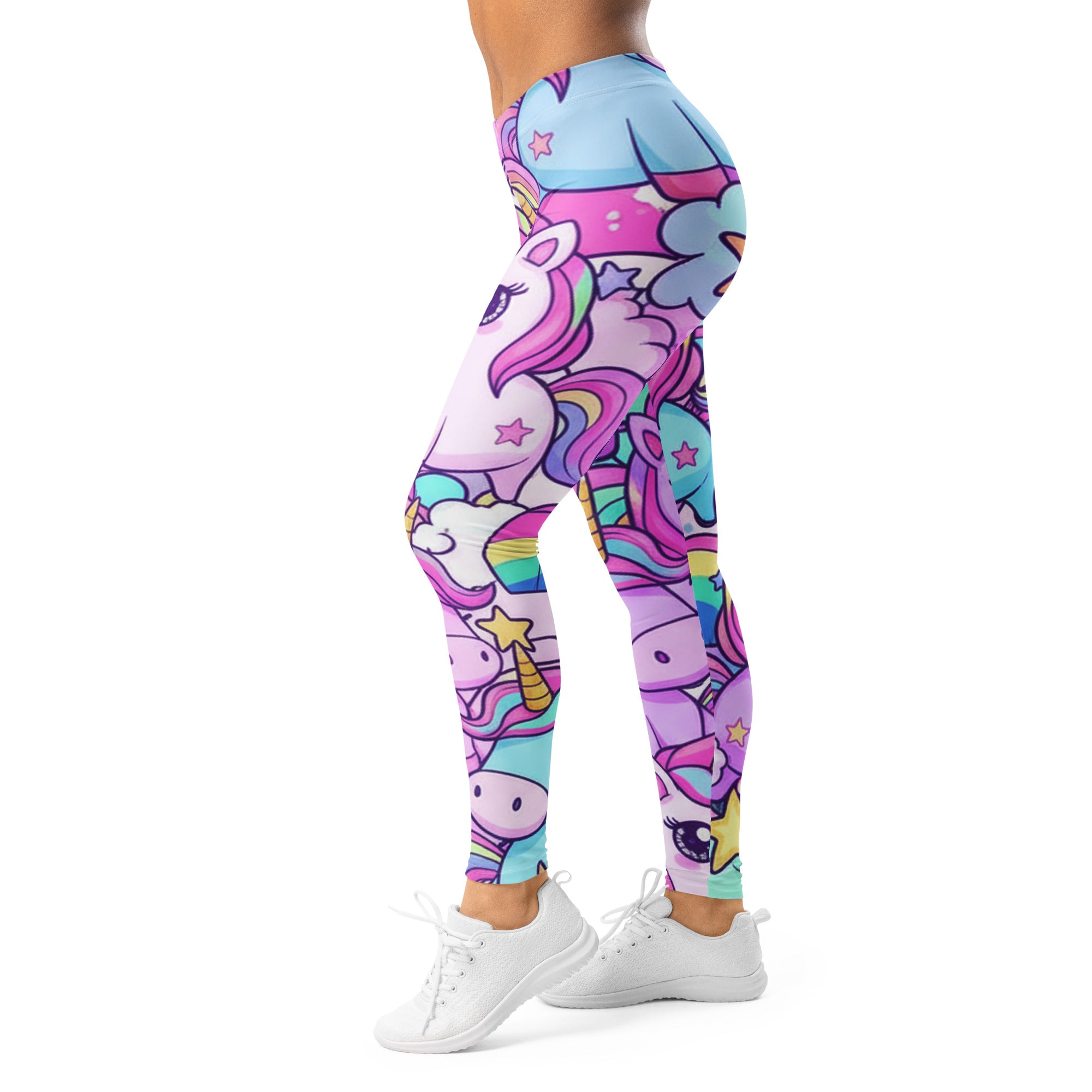 Women's vibrant unicorn rainbow party printed leggings front view