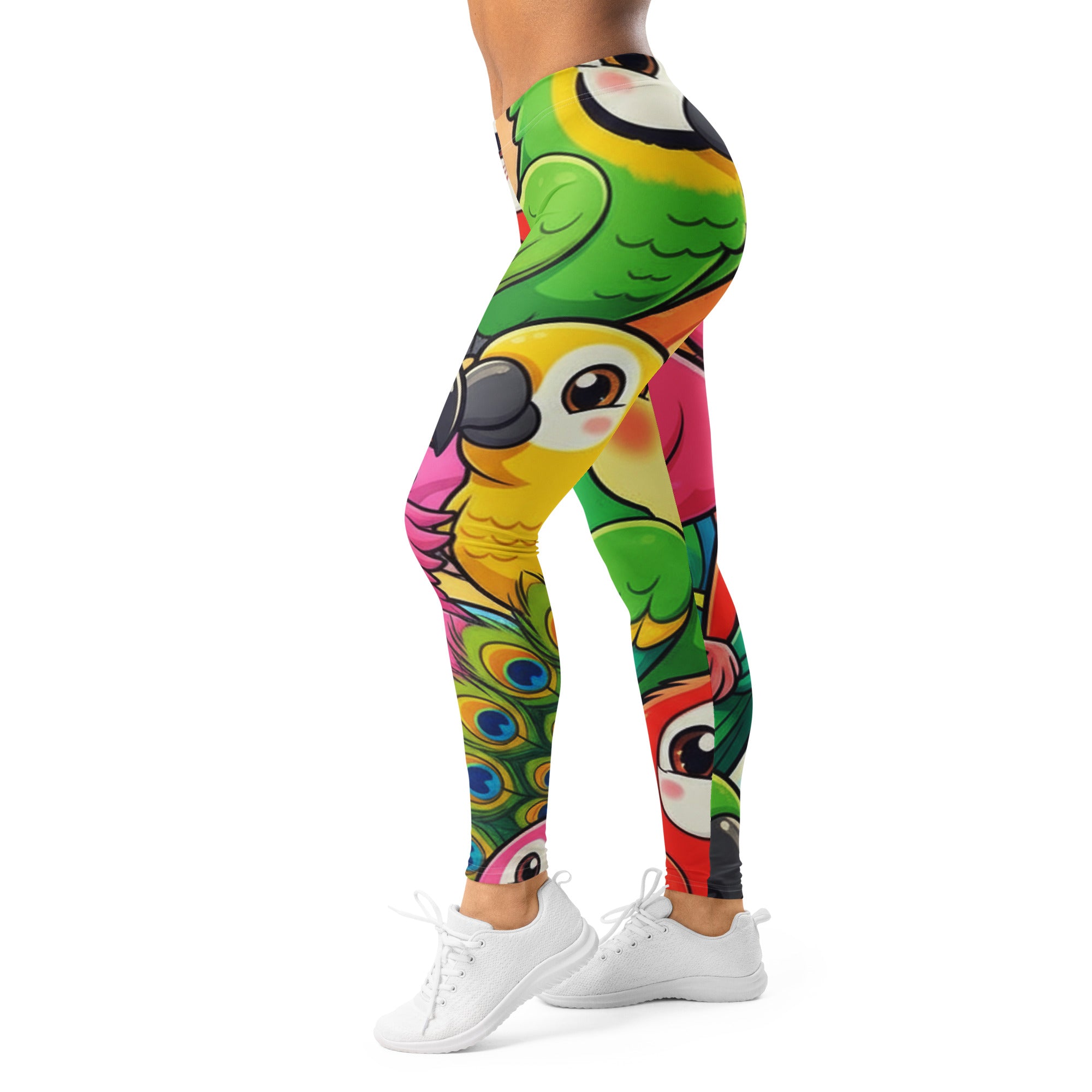 Women's vibrant tropical birds printed leggings front view