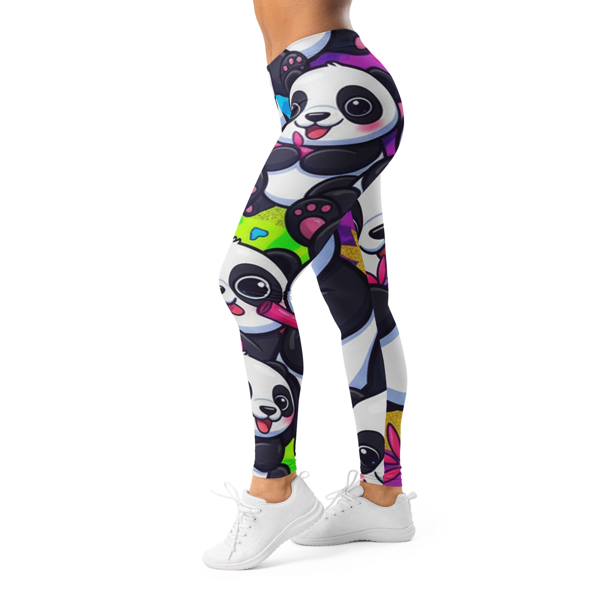 Women's vibrant panda party printed leggings front view
