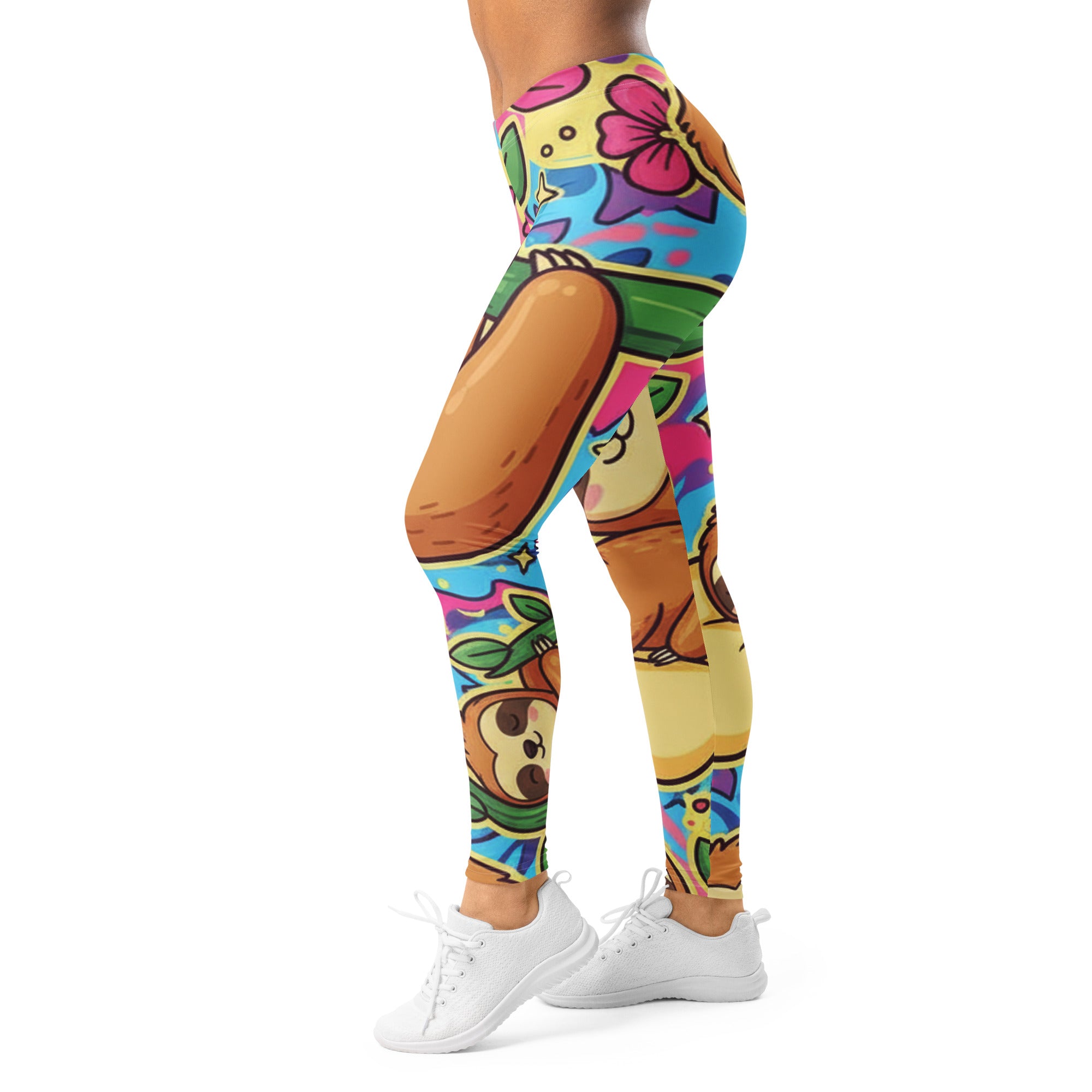 Women's vibrant sloth chill printed leggings front view