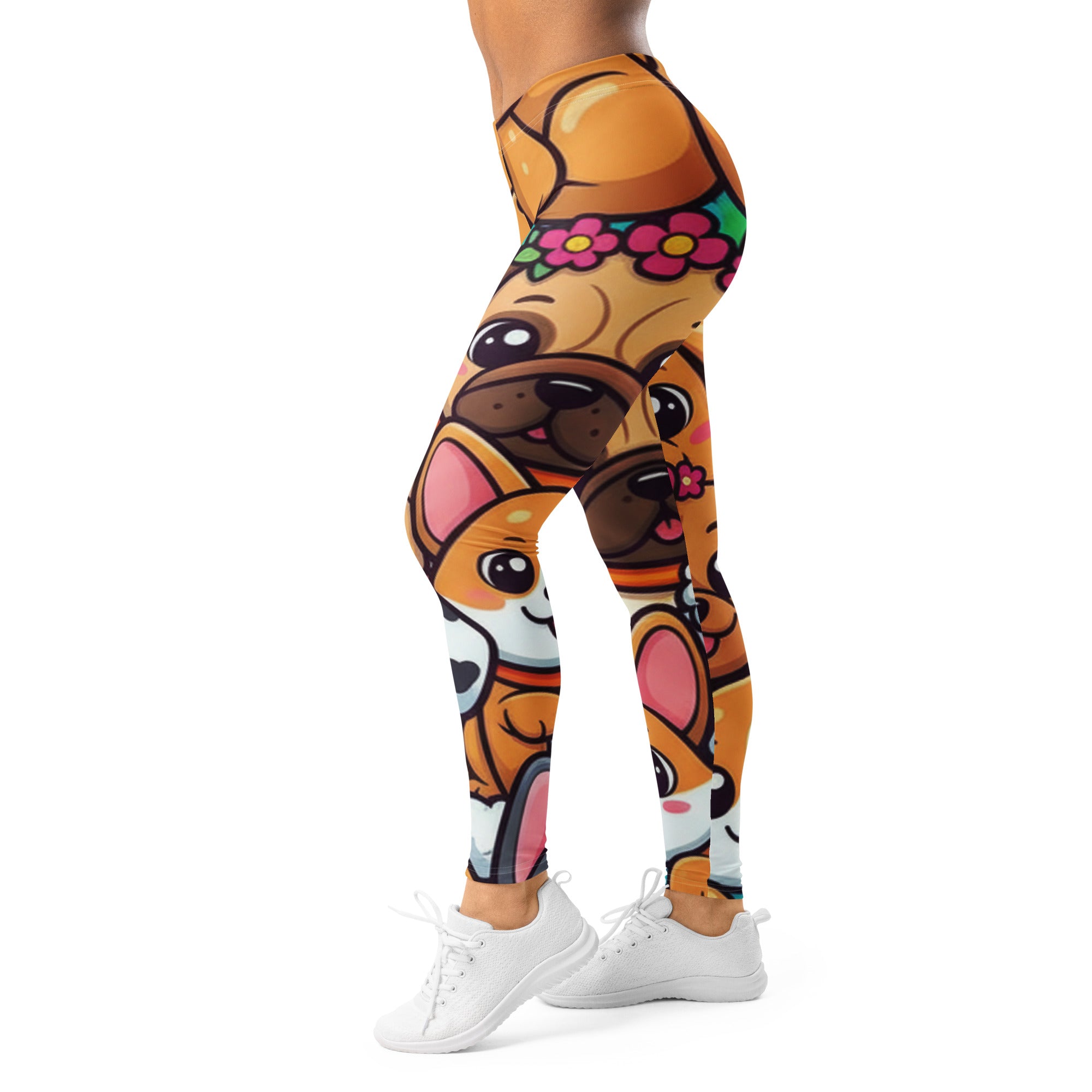 Women's vibrant puppy pile printed leggings front view