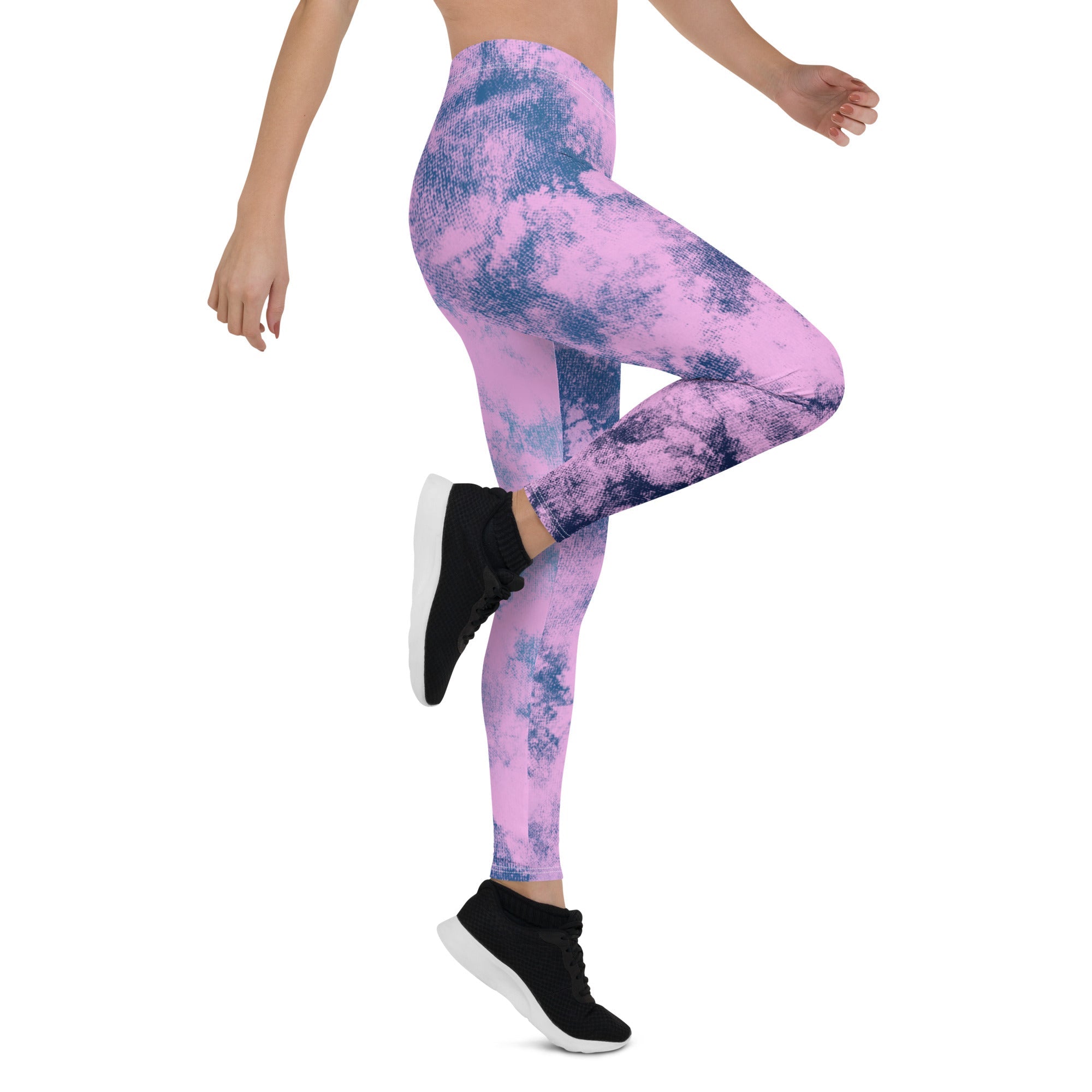 Womens Workout Yoga Pink & Blue Tie Dye Leggings Leg up side view