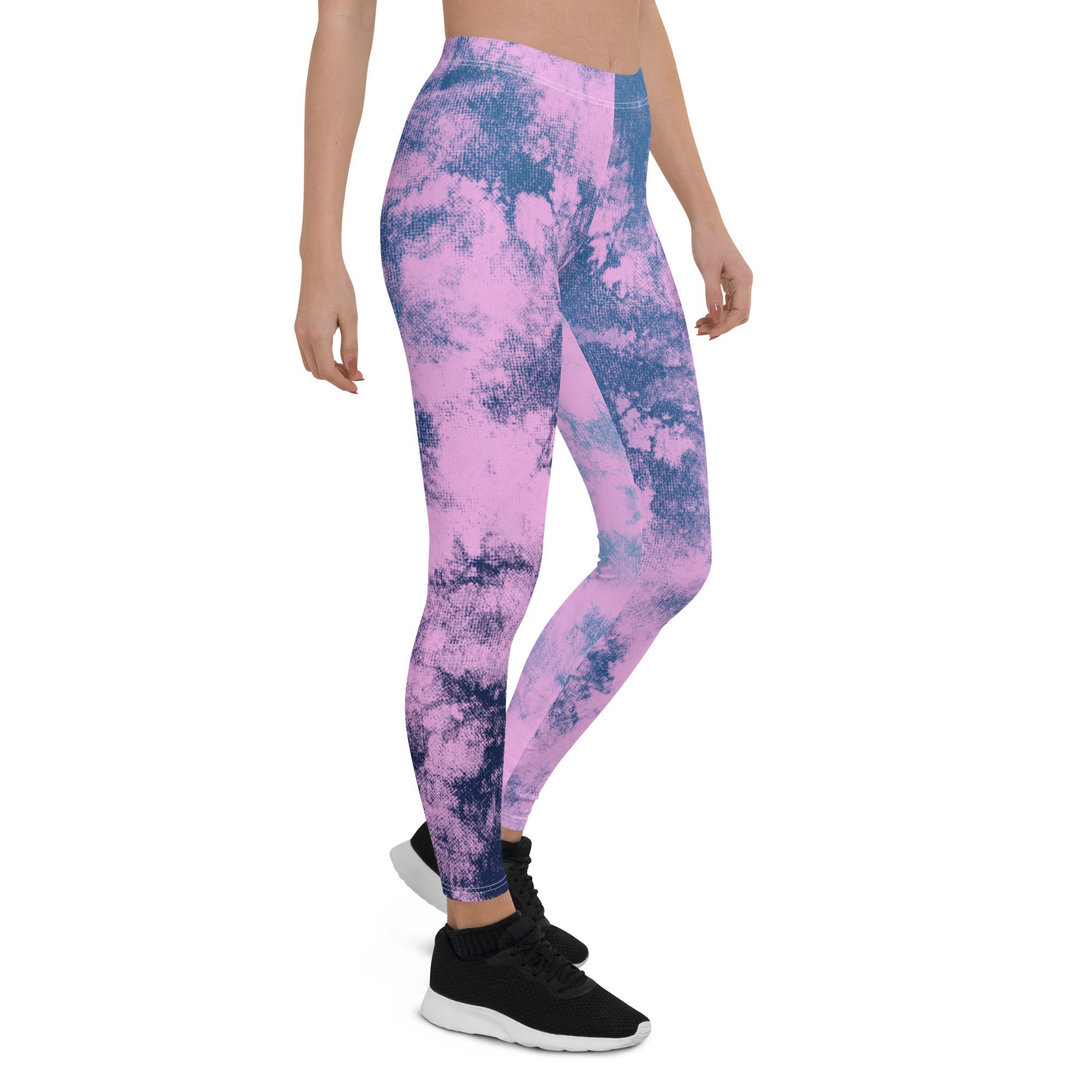 Womens Workout Yoga Pink & Blue Tie Dye Leggings Side on Leg Down