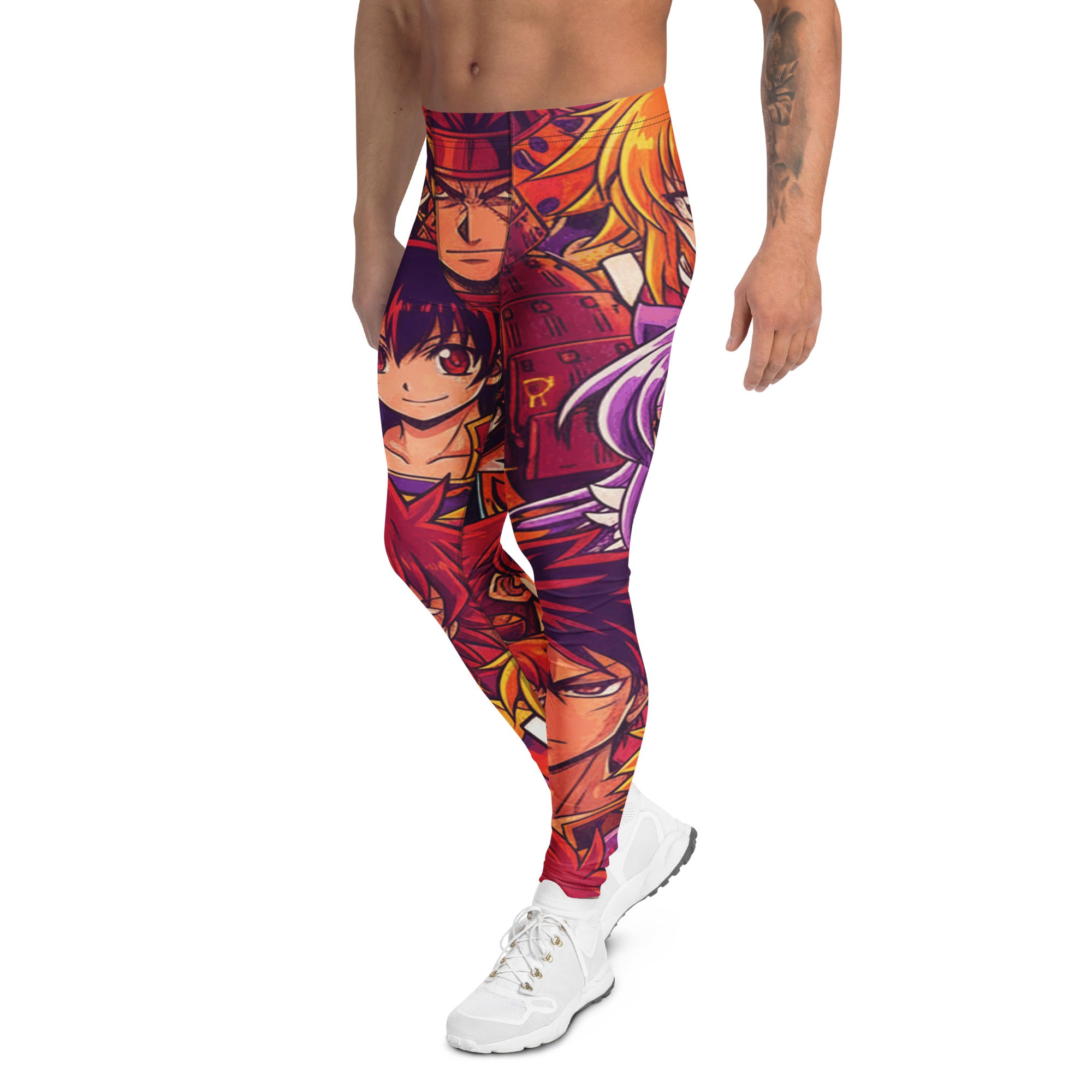 Men's anime collage sunset samurai printed meggings front view
