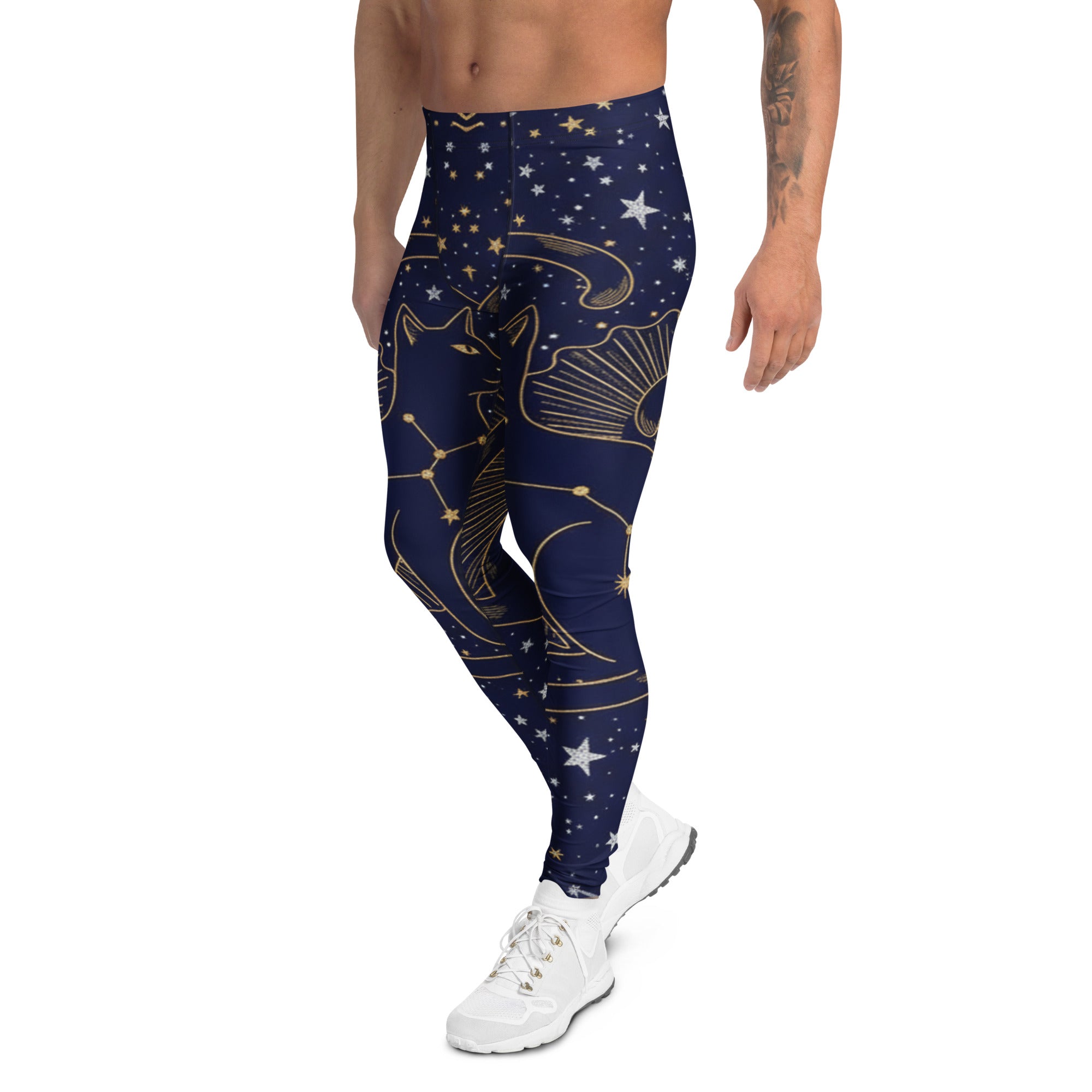 Men's black cat constellation printed meggings front view