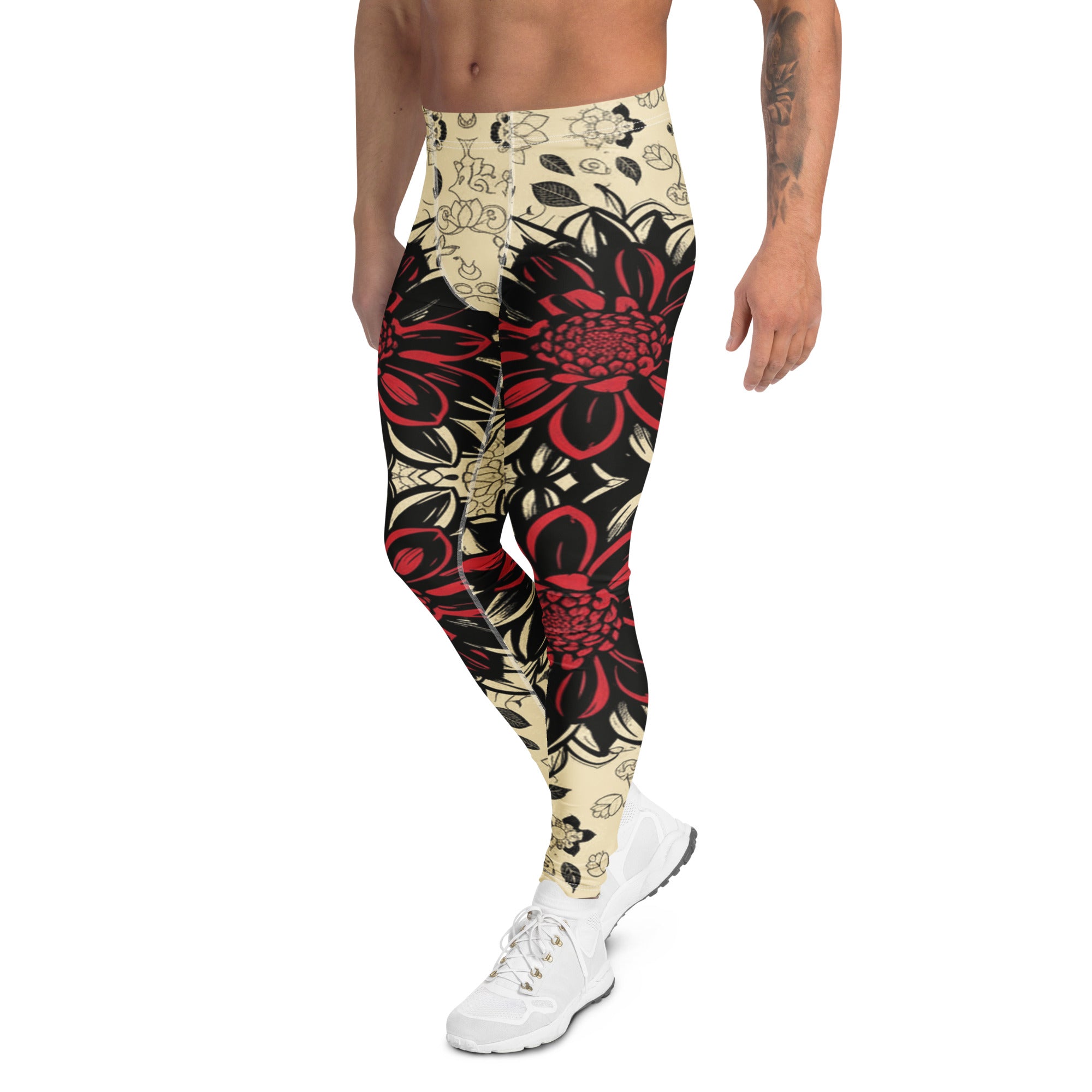 Men's black dahlia bloom meggings front view