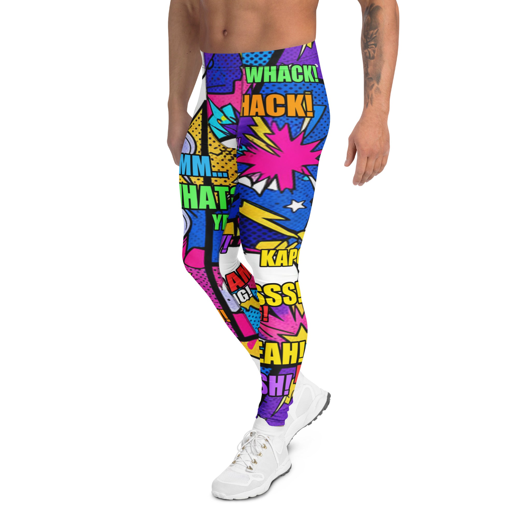 Men's comic strip cosmic boom printed meggings front view