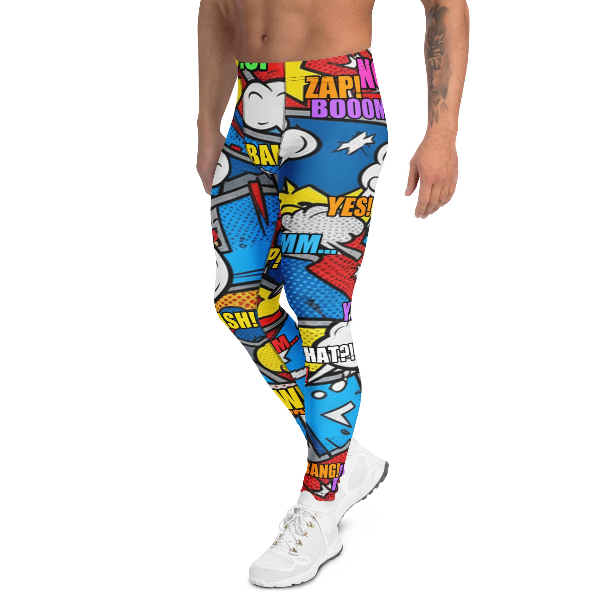 Men's comic strip robot wars printed meggings front view