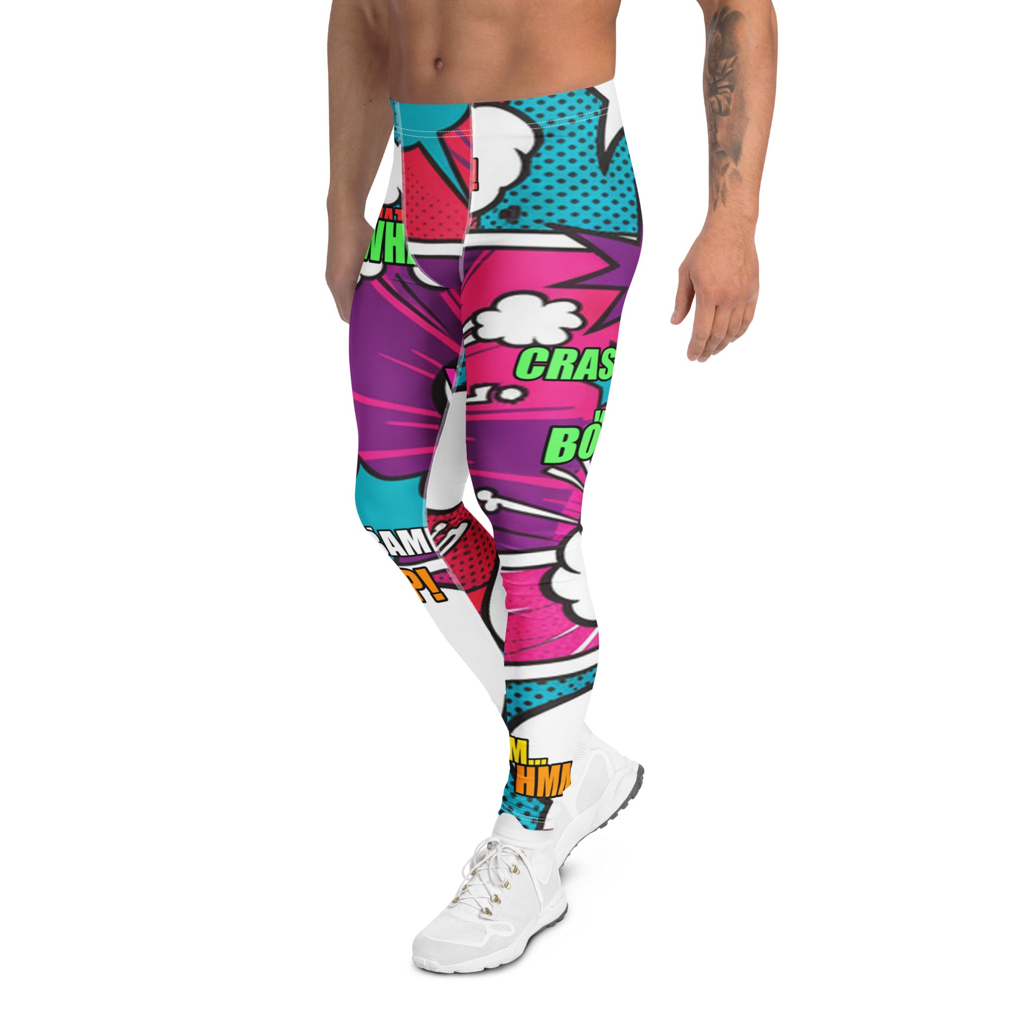 Men's comic strip roller derby printed meggings front view