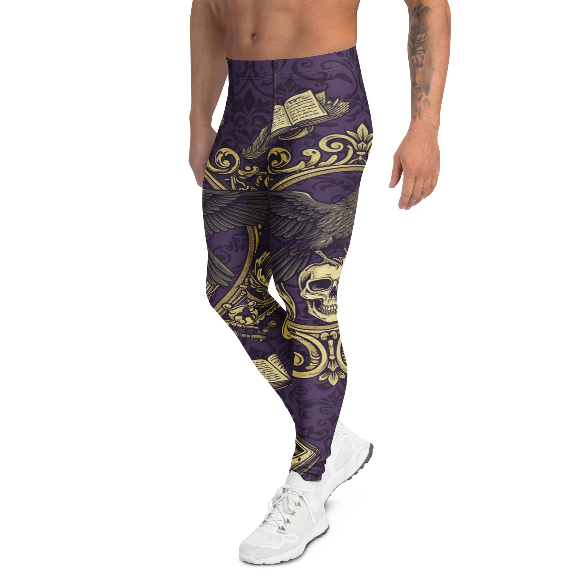 Men's raven damask printed leggings front view