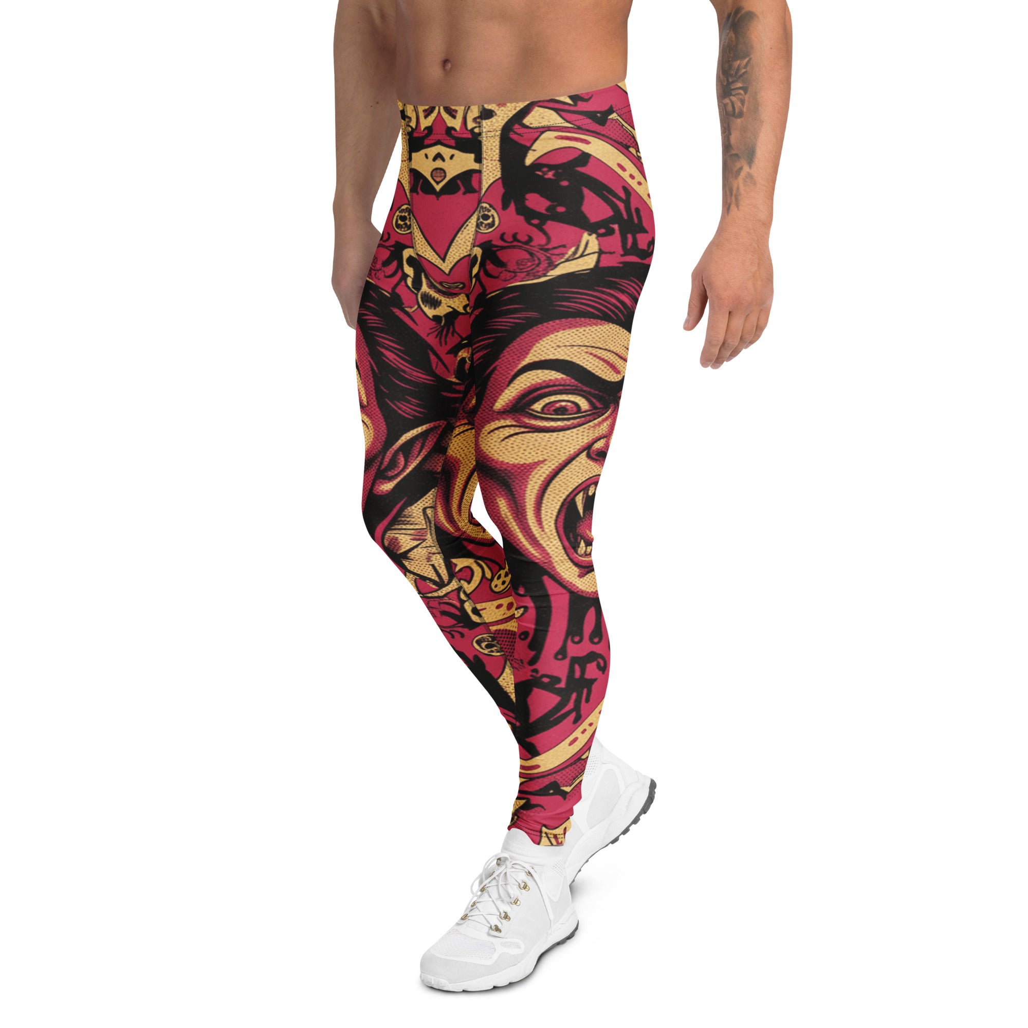 Men's horror movie collage printed meggings front view