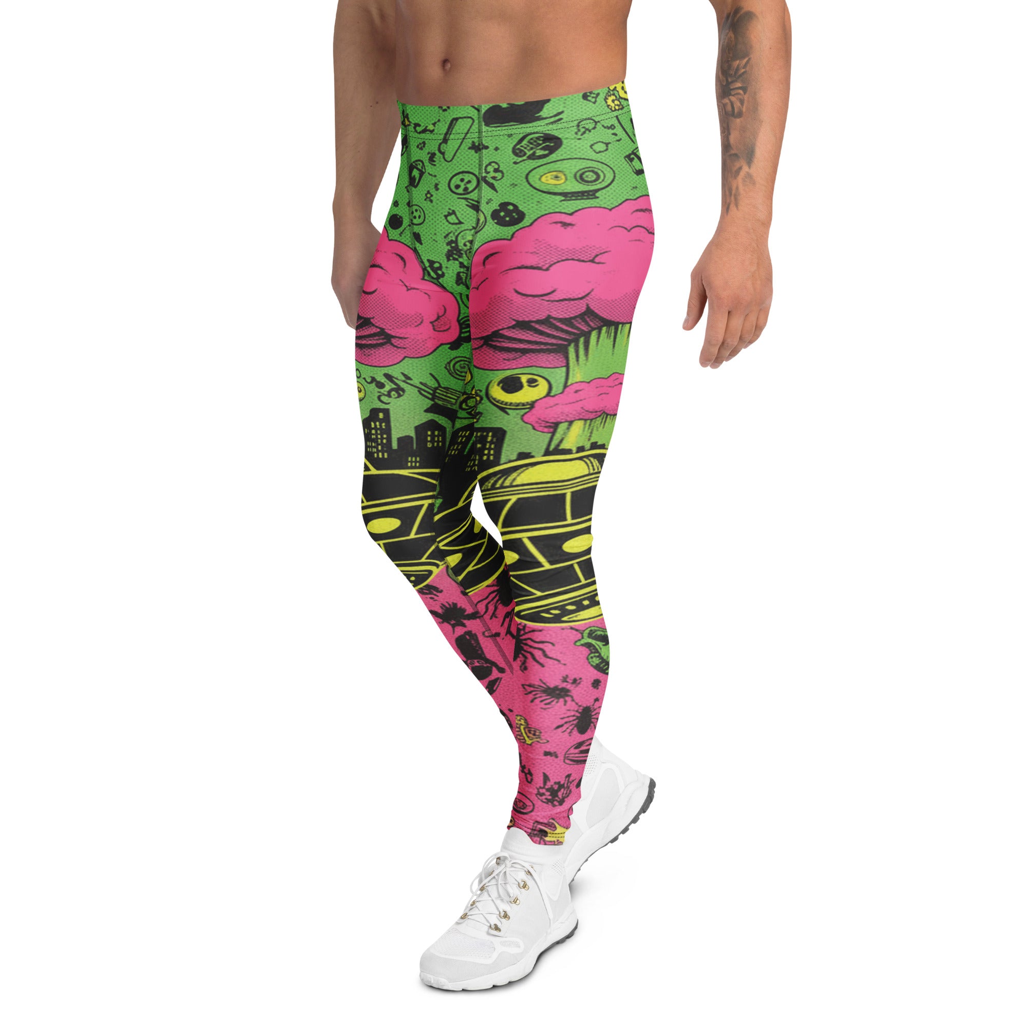 Men's drive-in horror b-movie printed meggings front view