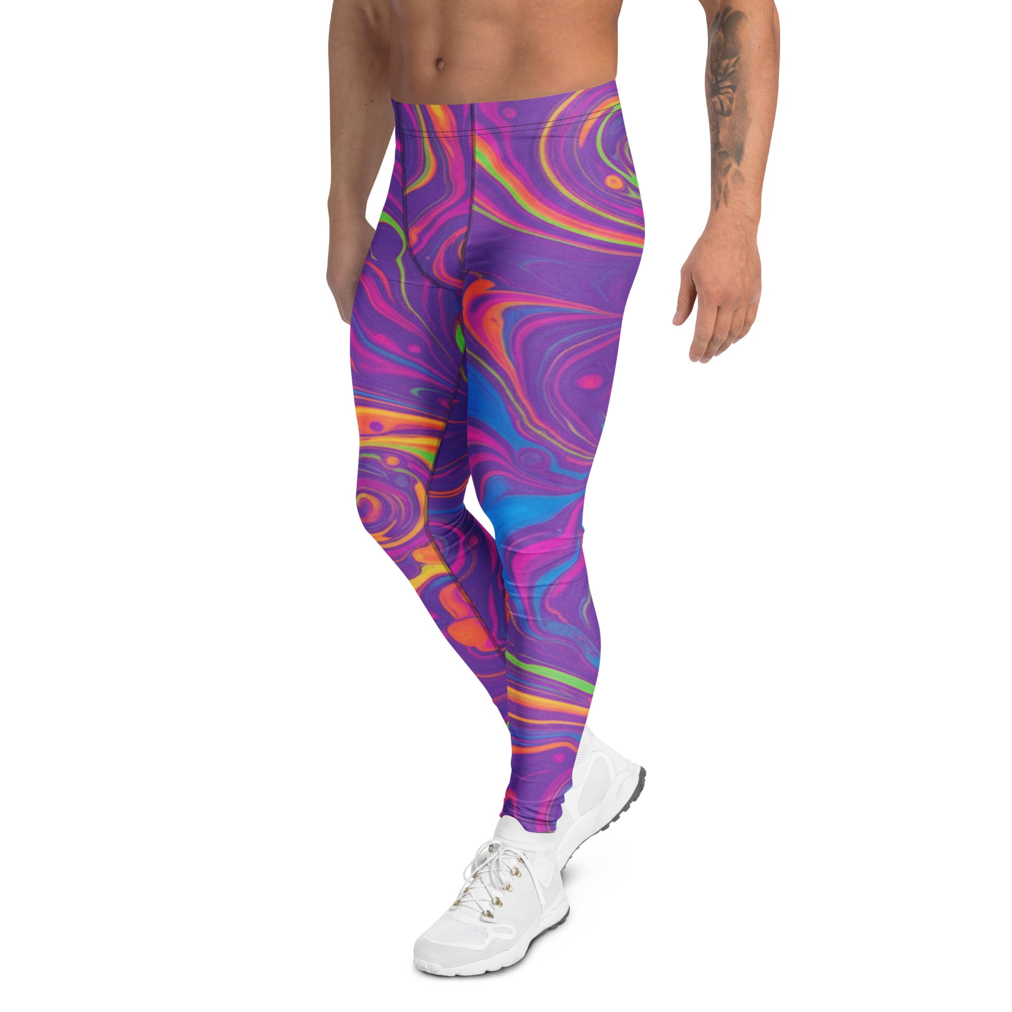 Men's liquid marble neon psychedelic meggings front view