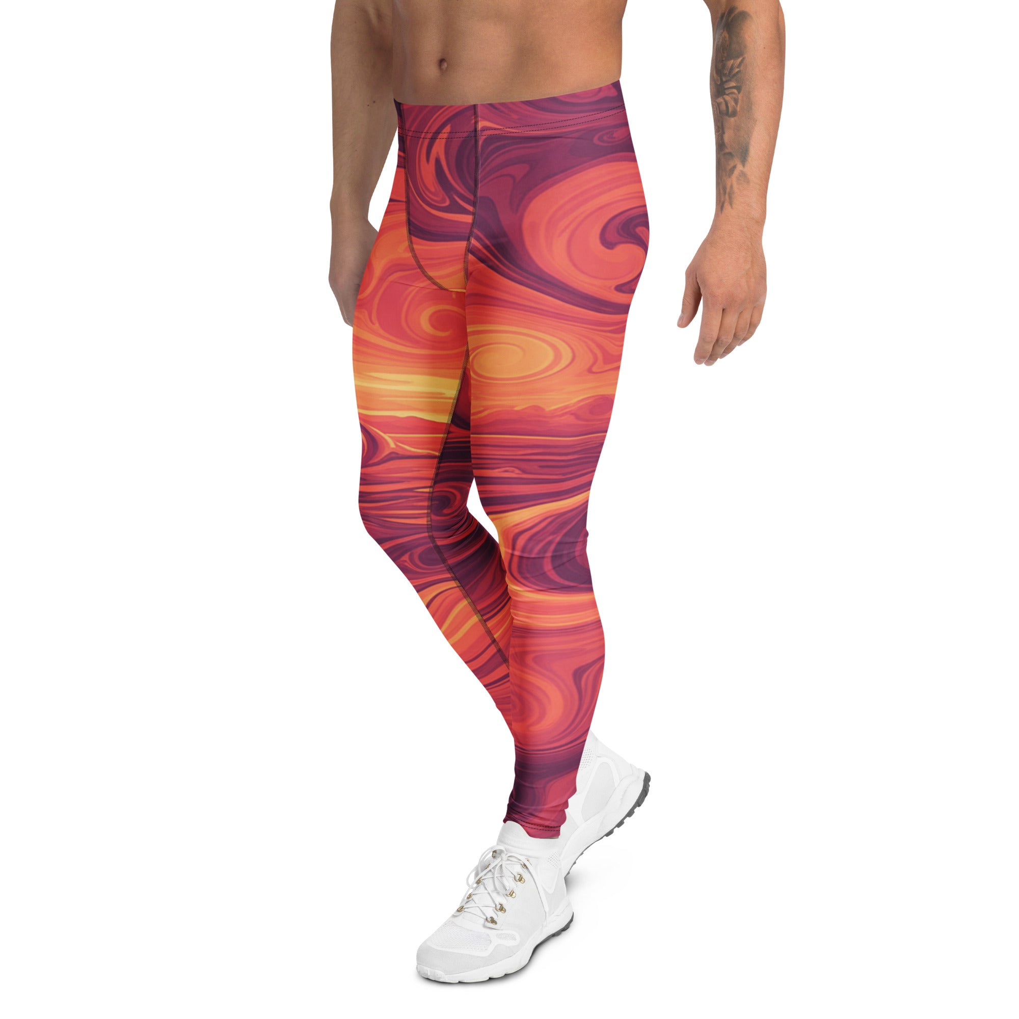 Men's liquid marble sunset horizon printed meggings front view