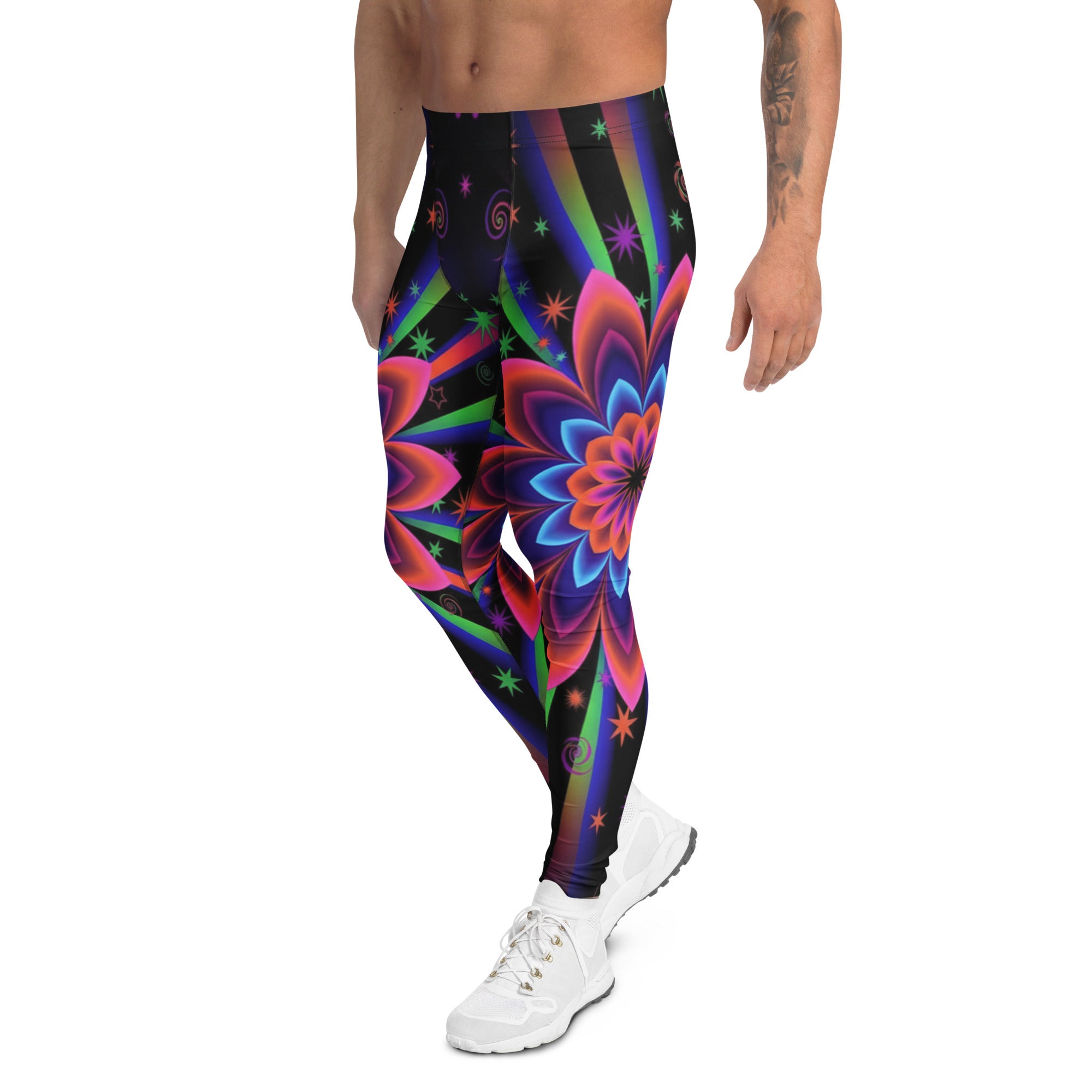Men's psychedelic blacklight printed meggings front view