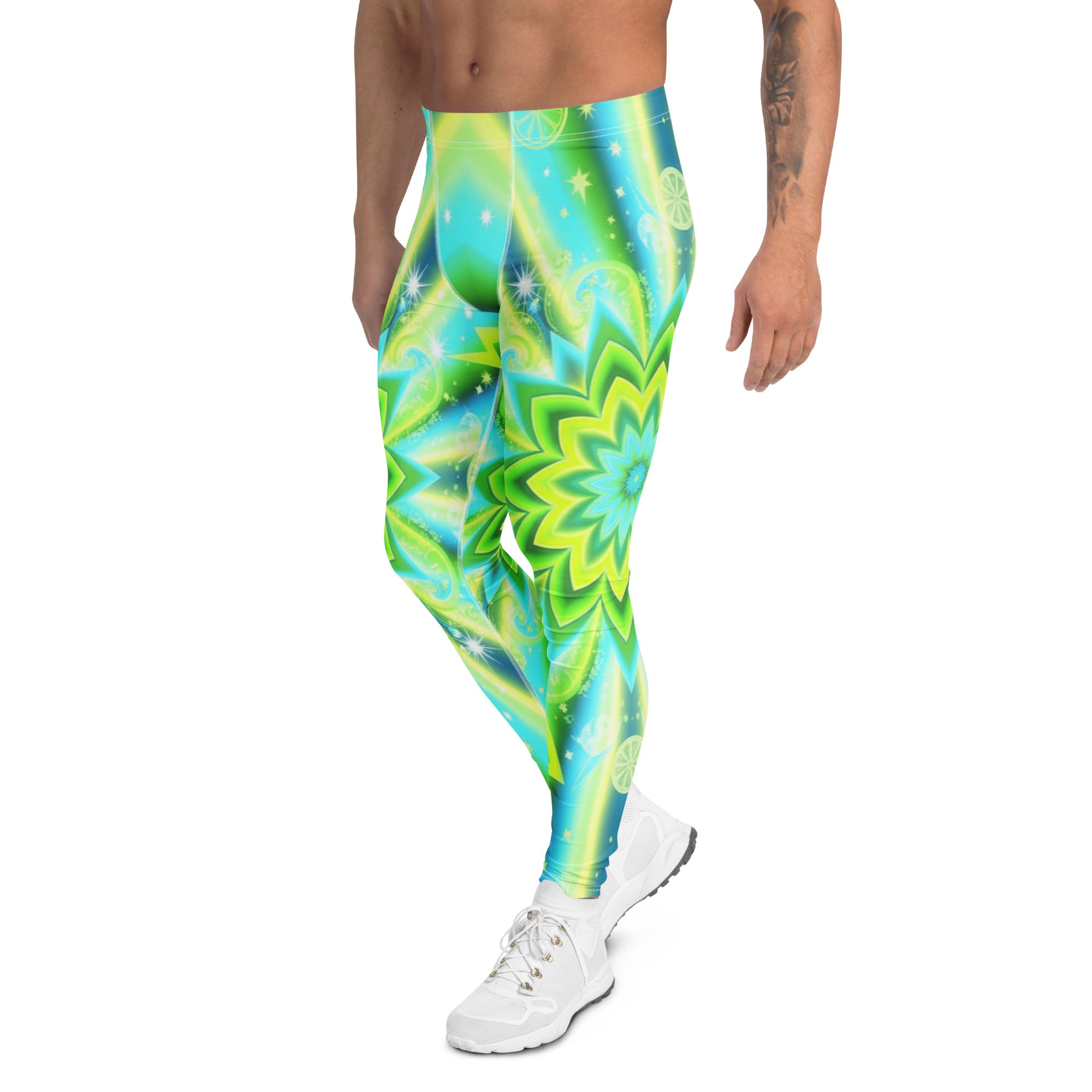 Men's psychedelic lemon zap printed leggings front view