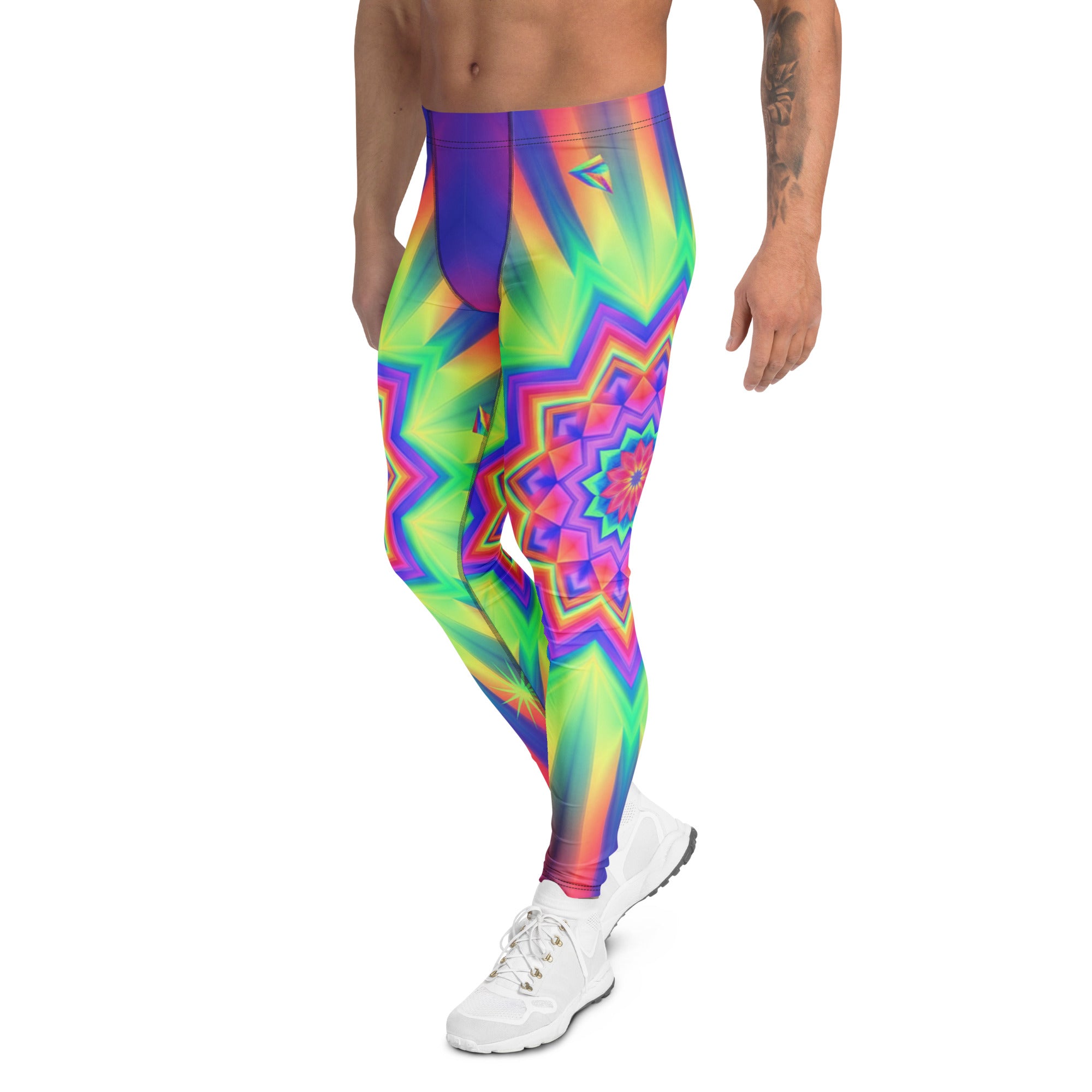 Men's psychedelic starburst prism meggings front view