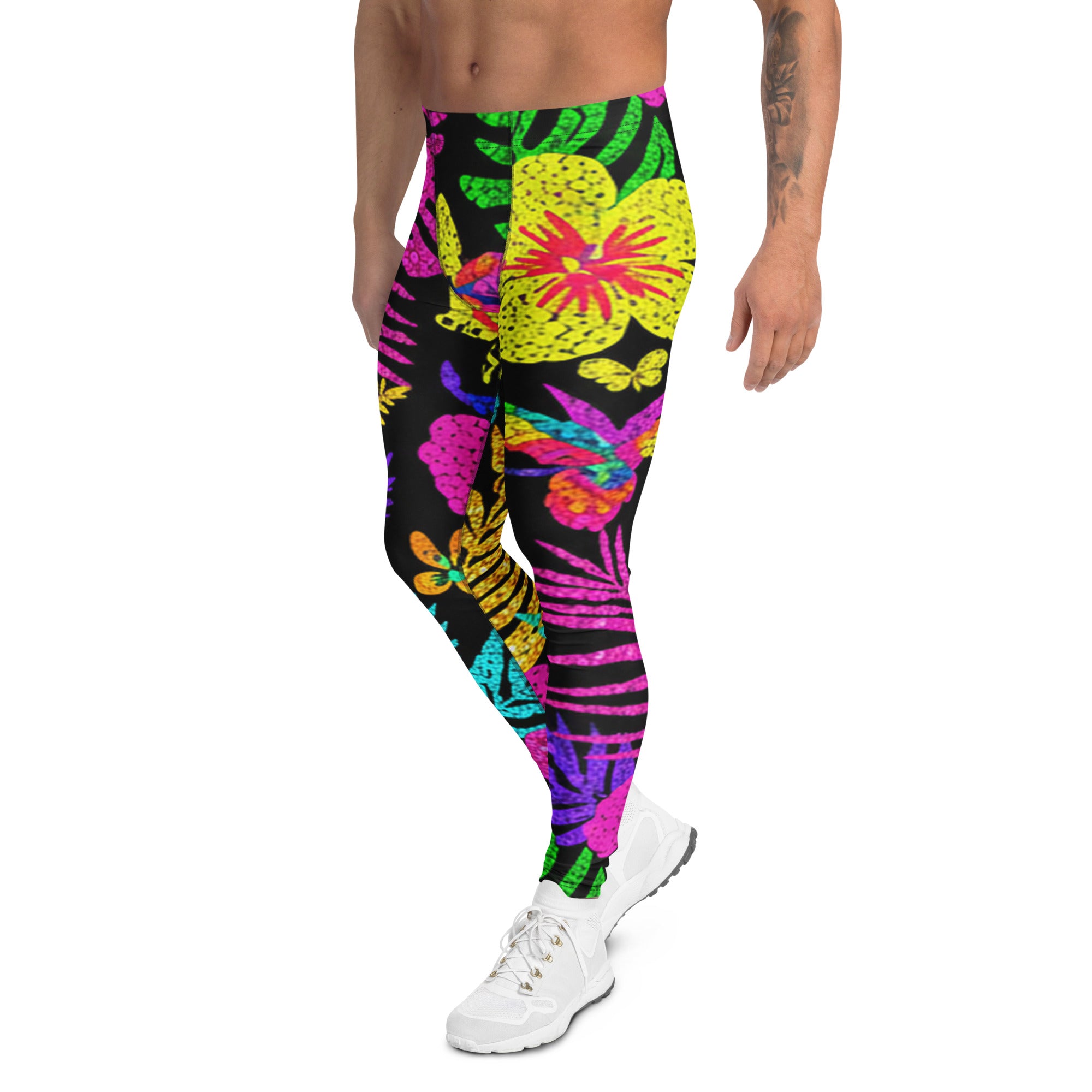 Men's rainbow tropical print meggings front view