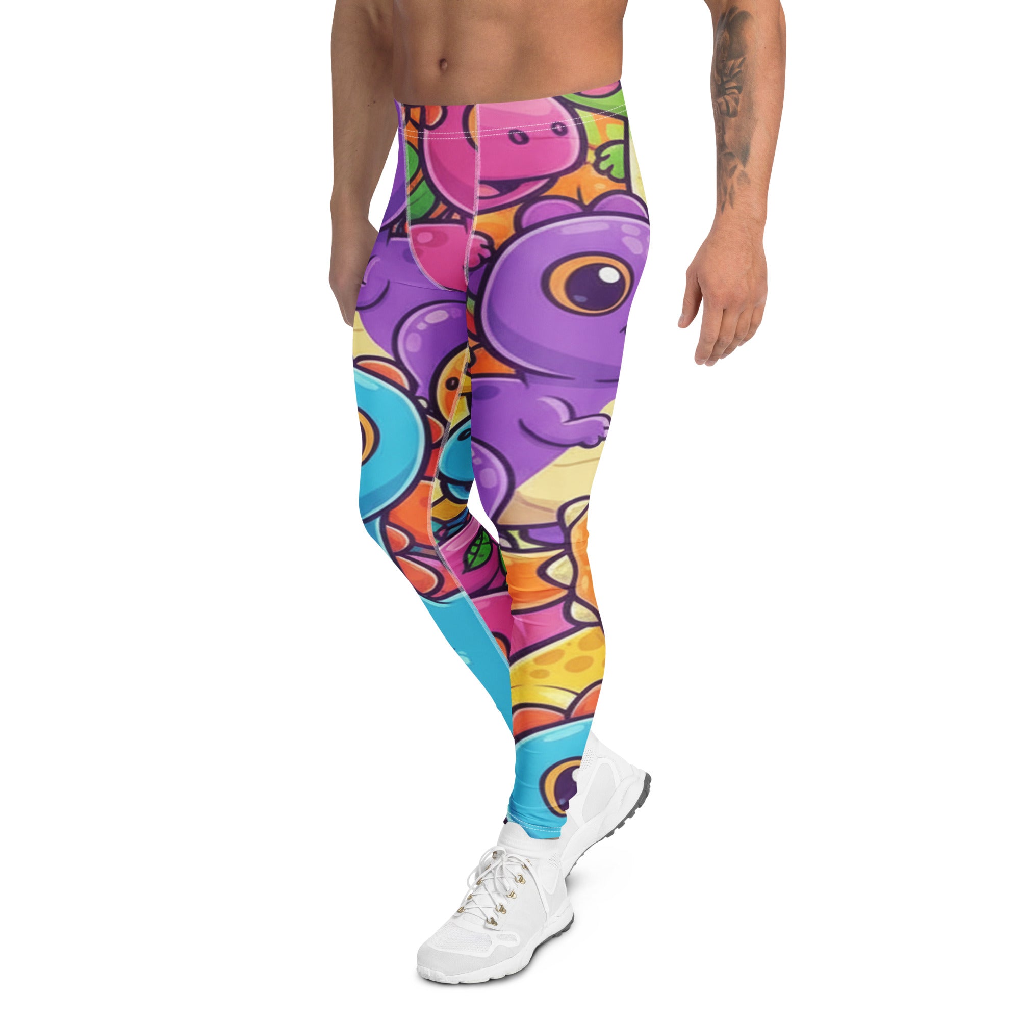 Men's vibrant dinosaur stomp printed meggings front view
