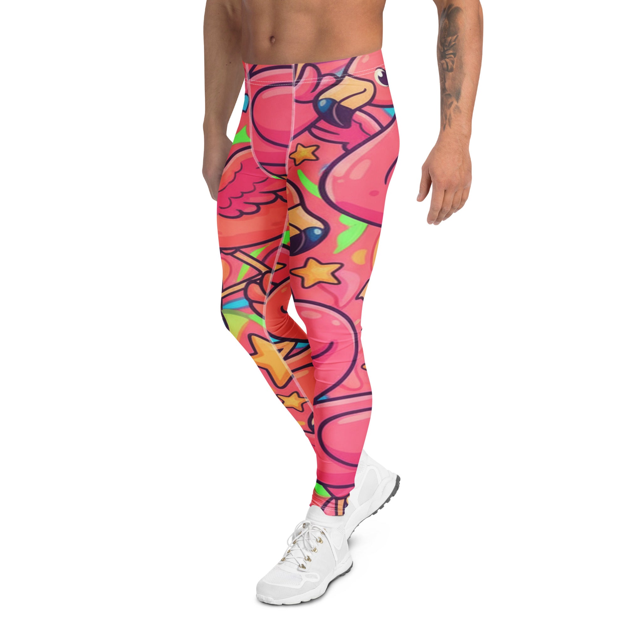 Women's vibrant flamingo flock printed meggings front view