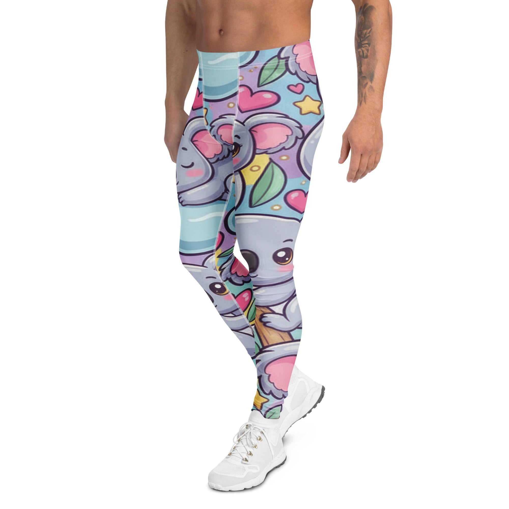 Men's vibrant koala and friends printed meggings front view