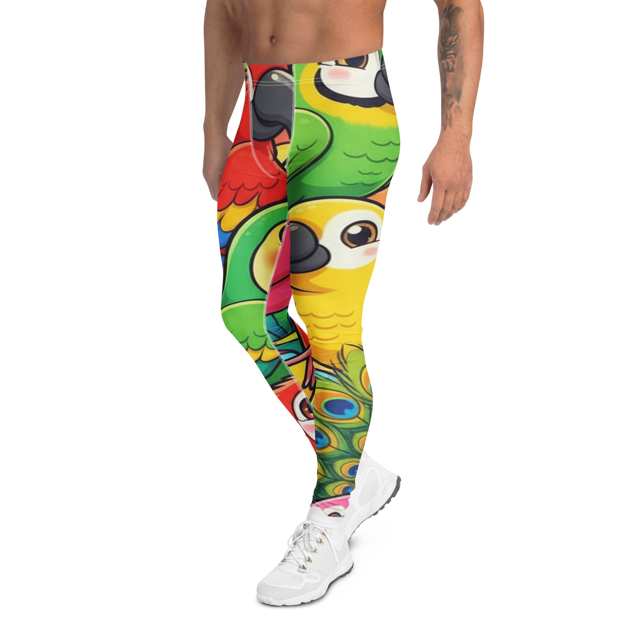 Men's vibrant tropical birds meggings front view