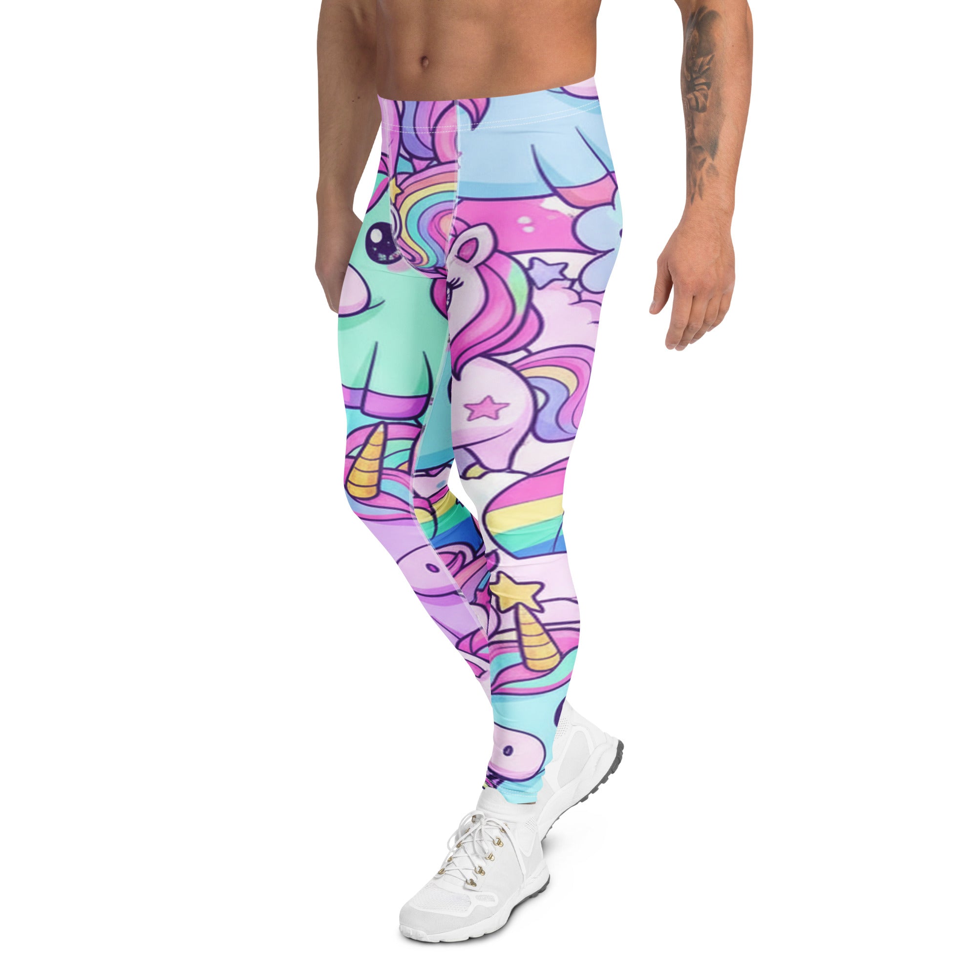 Men's vibrant unicorn rainbow party printed meggings front view
