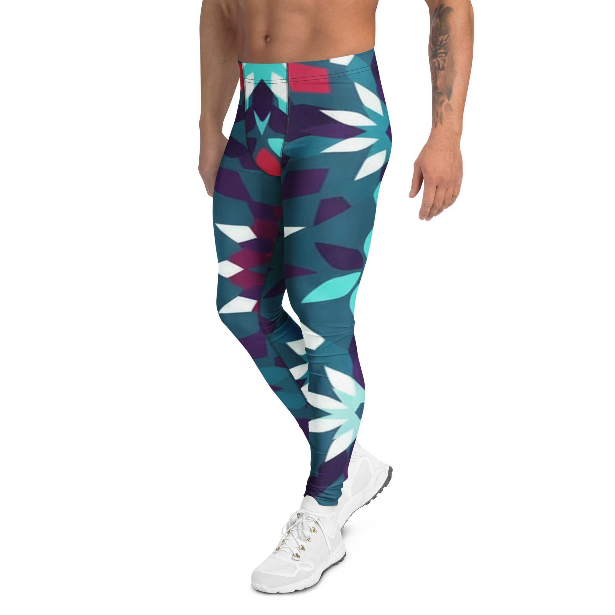 Men's crimson teal pattern meggings front view