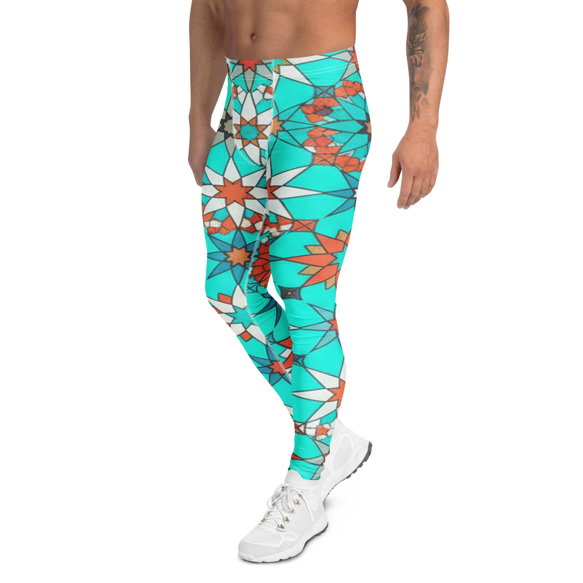 Men's turquoise coral pattern meggings front view