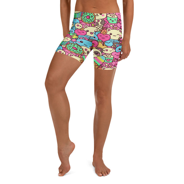 GearBunch Kawaii Sweet Treats Shorts with ultra-vibrant, high-contrast doodle print of smiling animals and sweet treats.