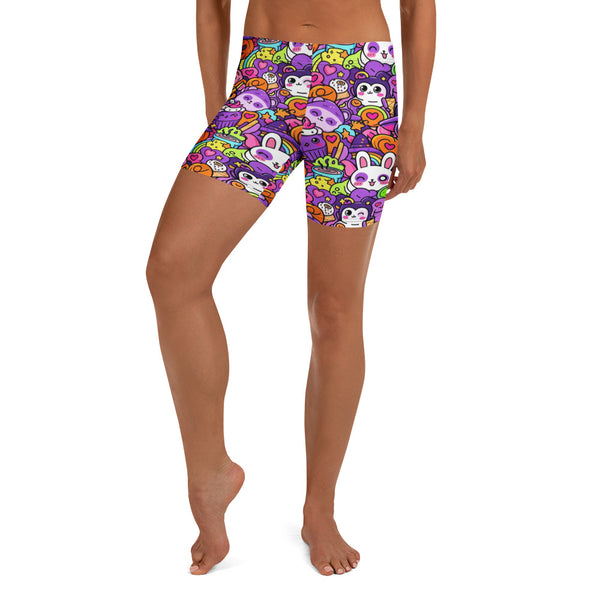 Main image of a person wearing Kawaii Witch Familiar Shorts by GearBunch, featuring vibrant cute characters.