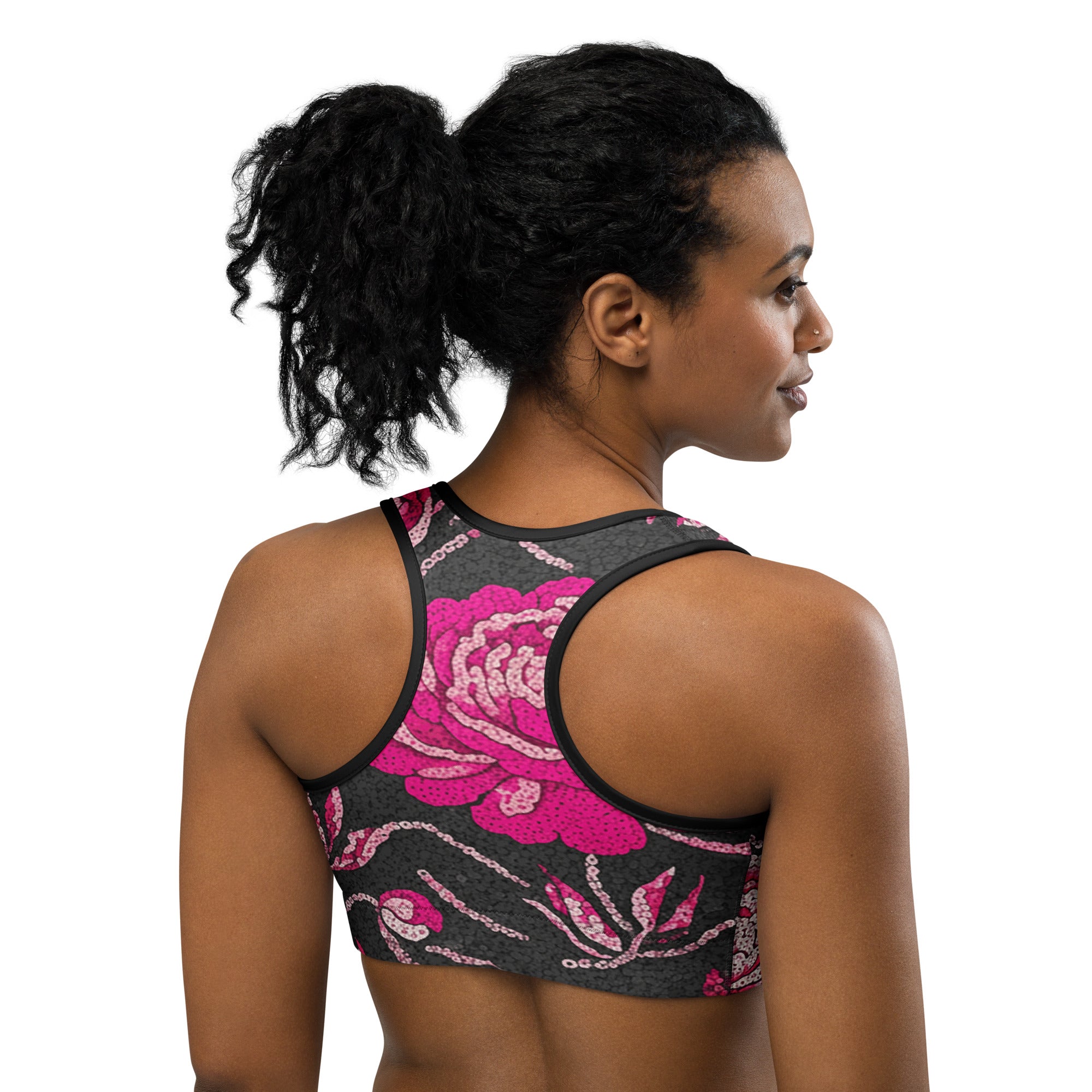 Pink Paillette Peony Sports Bra | GearBunch