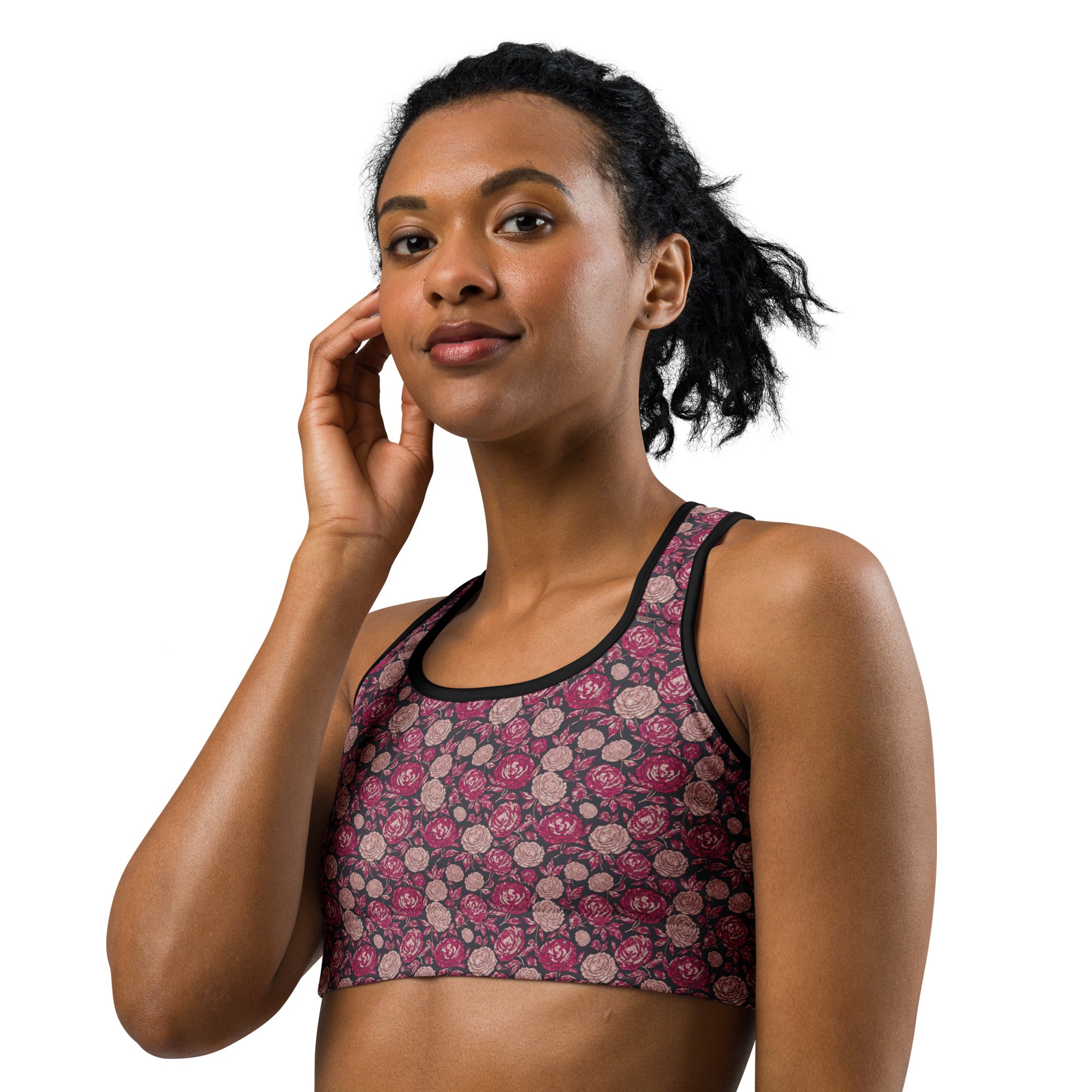 Pink Paillette Peony Sports Bra | GearBunch