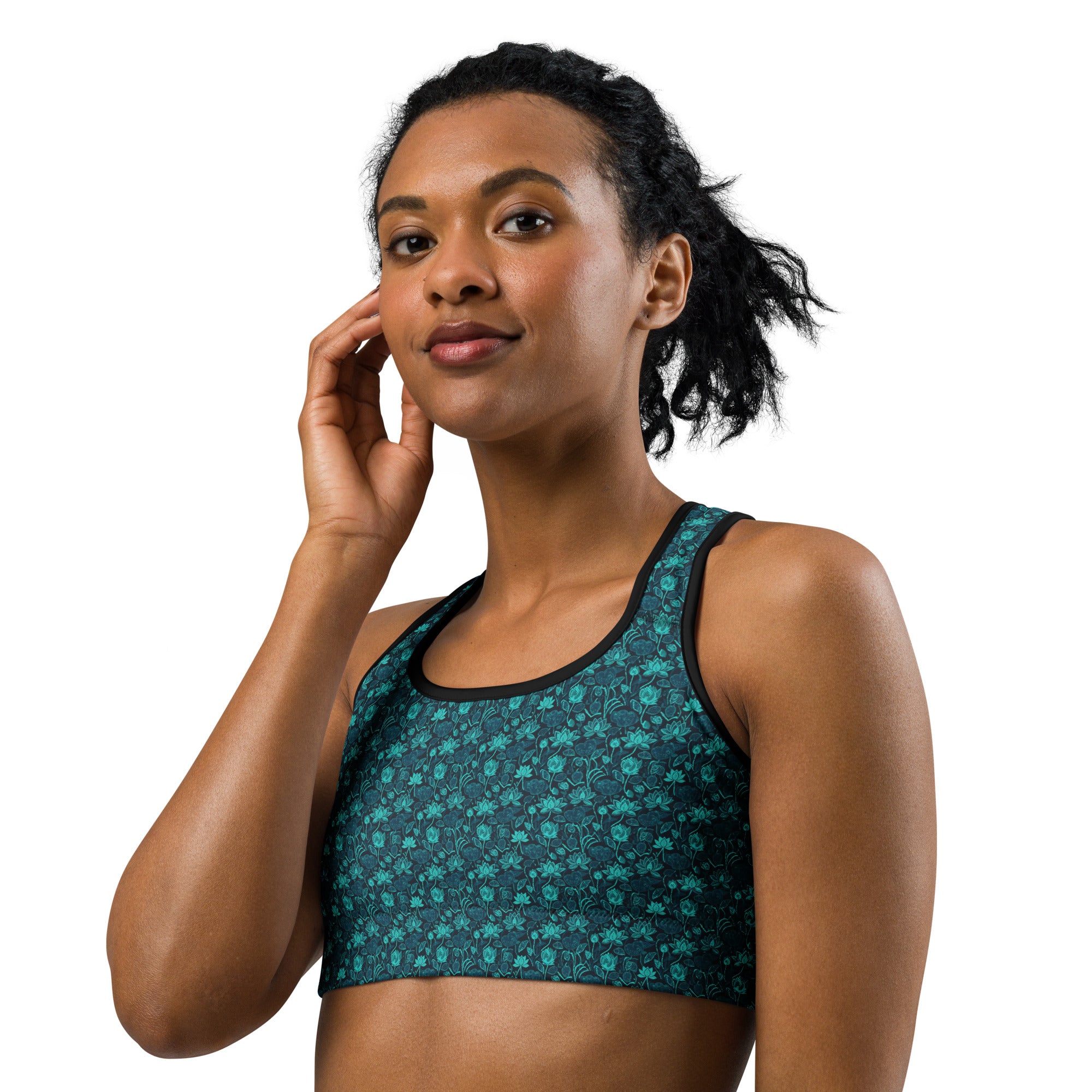 Teal Paillette Lotus Sports Bra | GearBunch