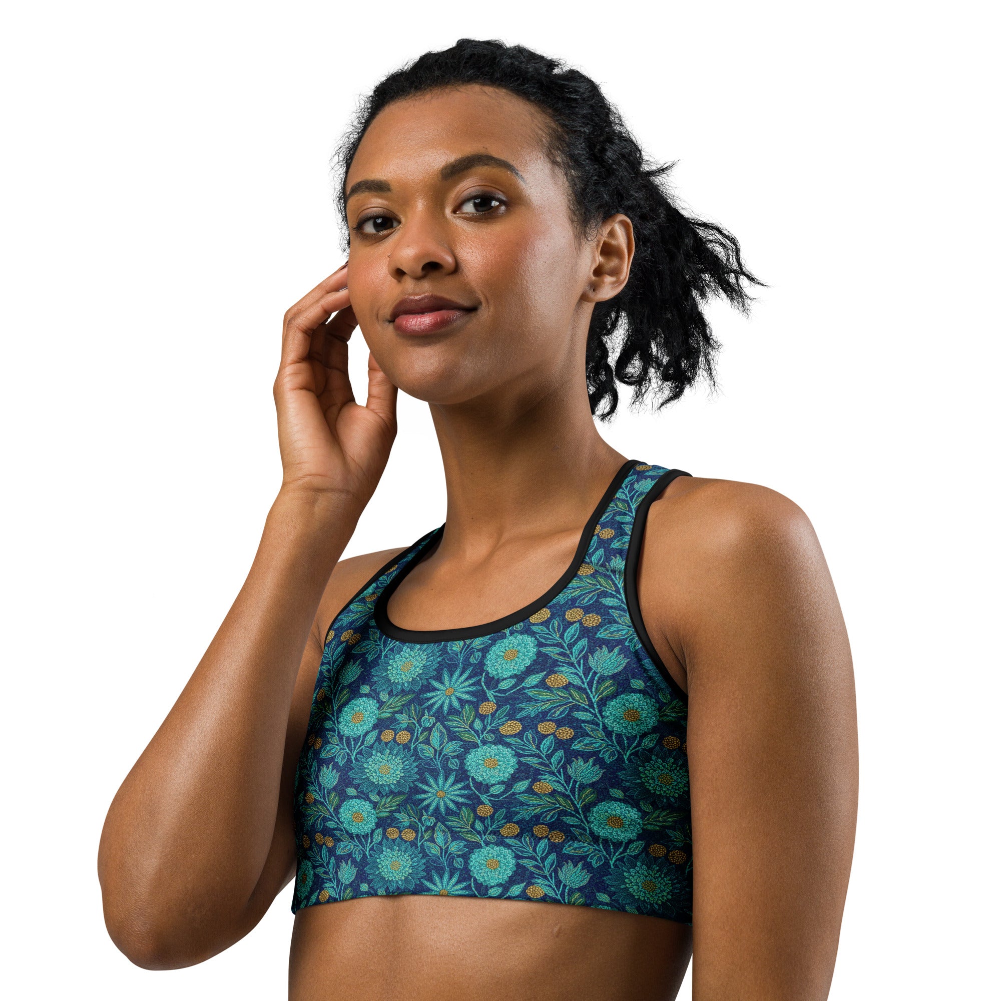 Teal Paillette Lotus Garden Sports Bra | GearBunch