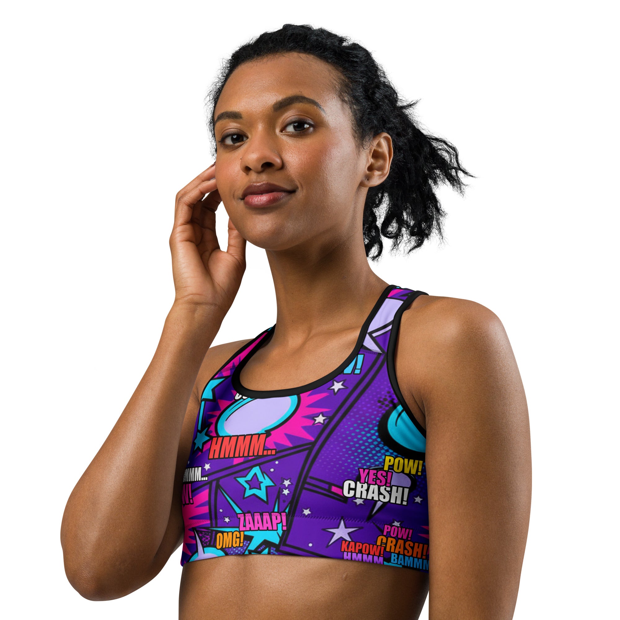 Comic Pop Galaxy Purple Sports Bra | GearBunch