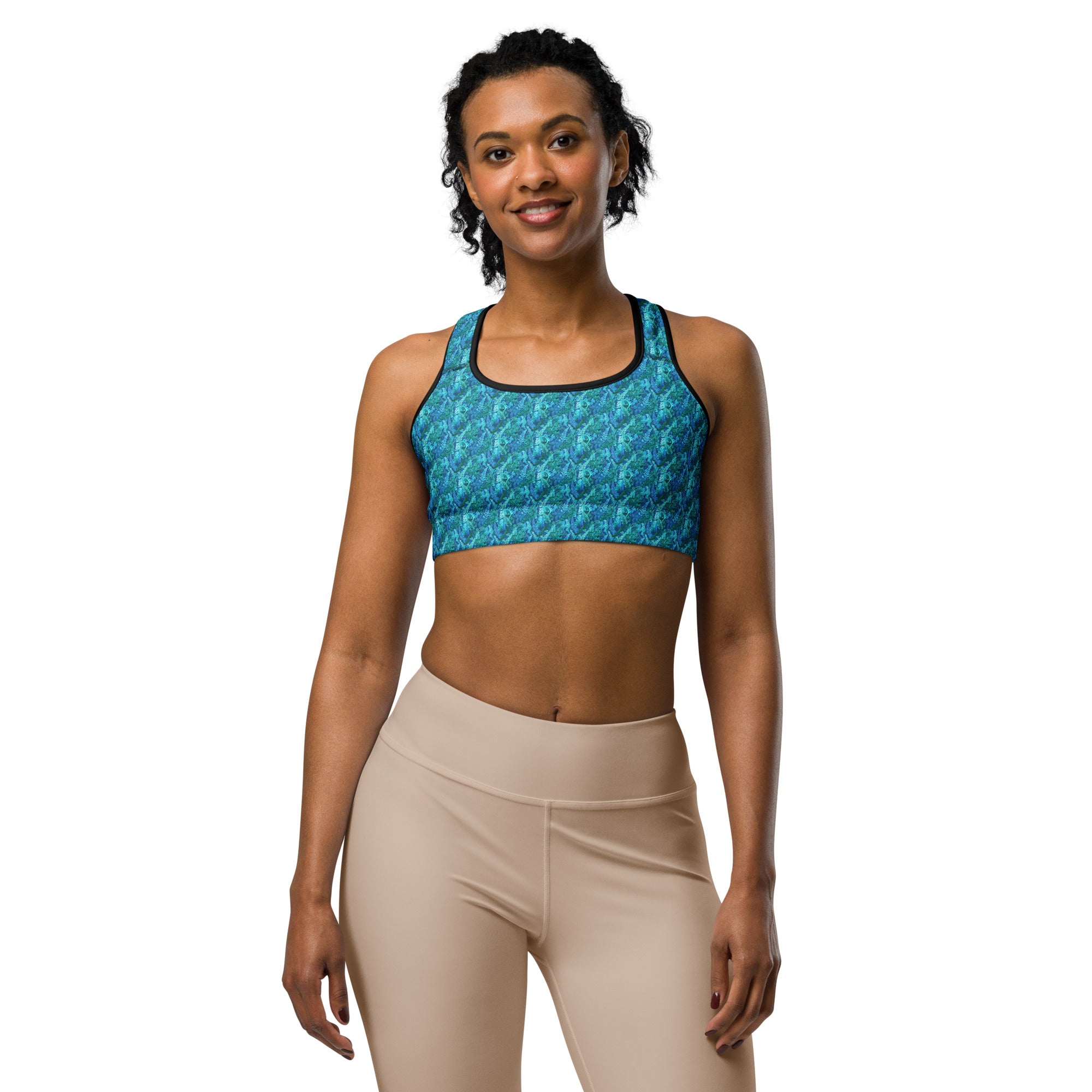 Women's blue ferns sports bra front view