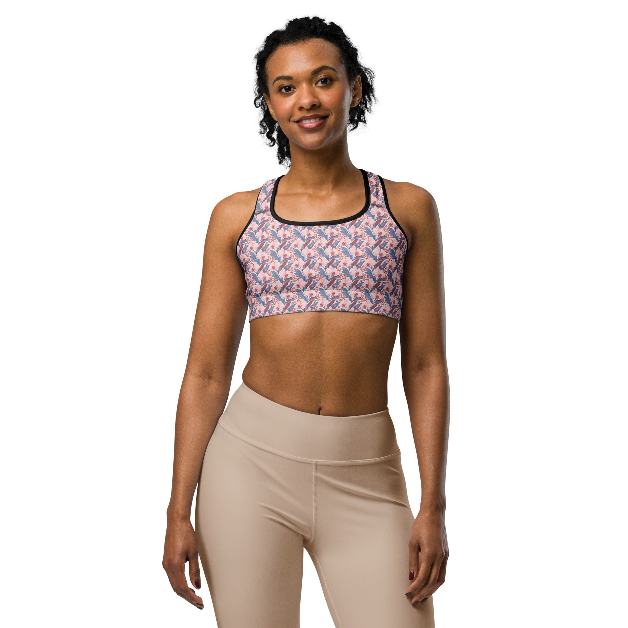 Women's pink orchid botanical sports bra front view