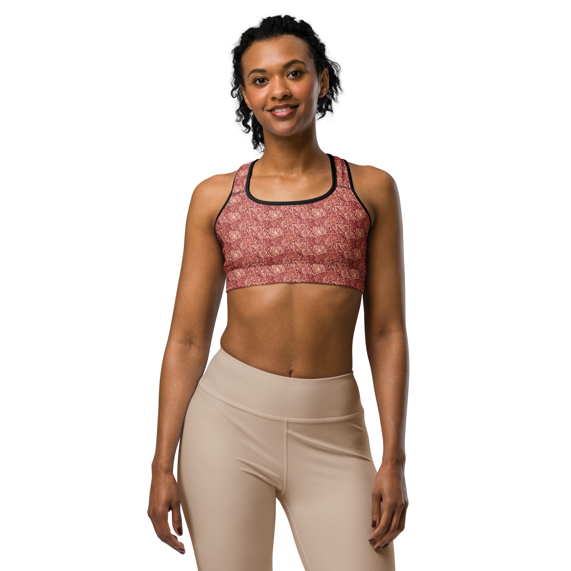 Women's striped vintage tiger sports bra front view